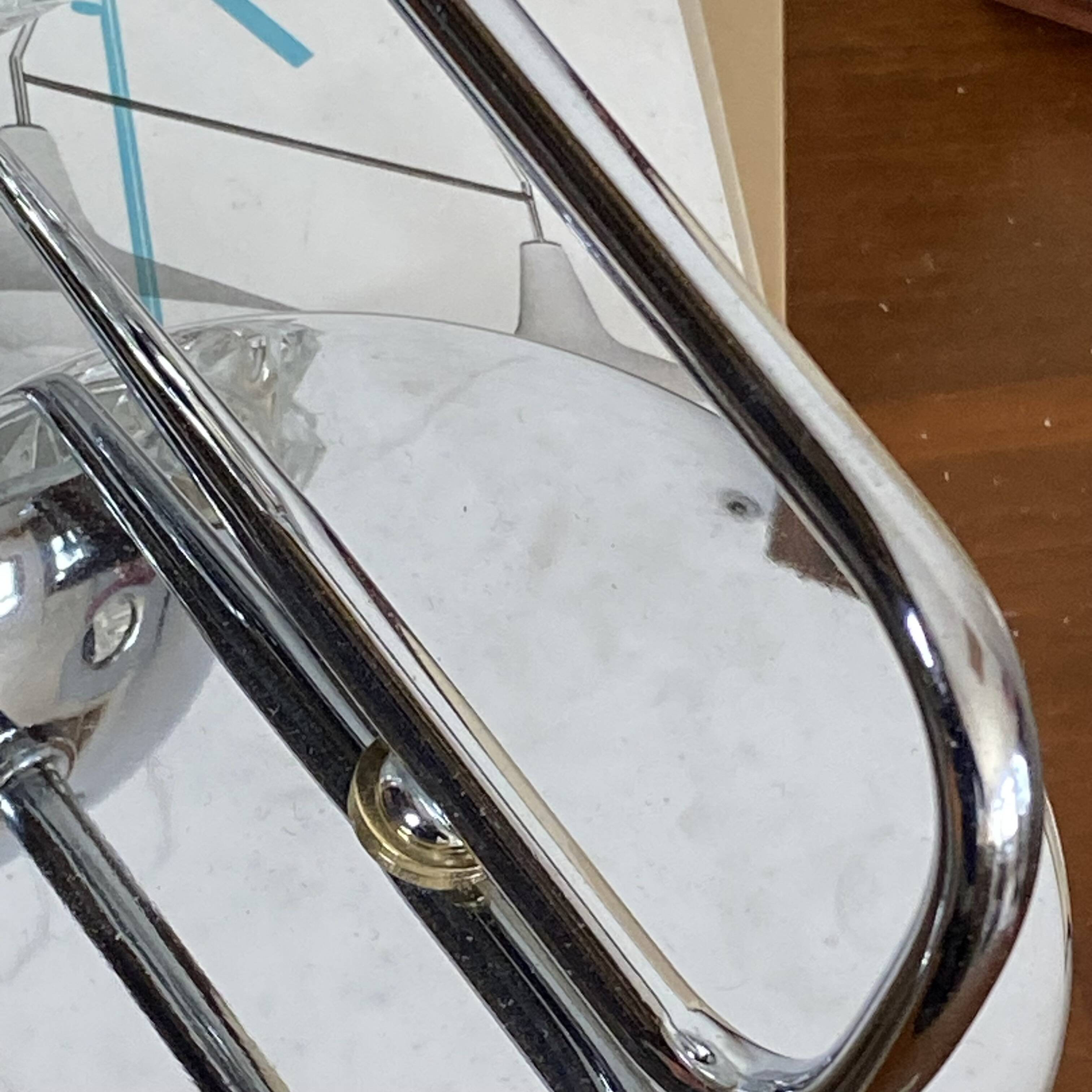 Swan neck wall light in stainless steel, thick glass shade, stainless steel rose.
