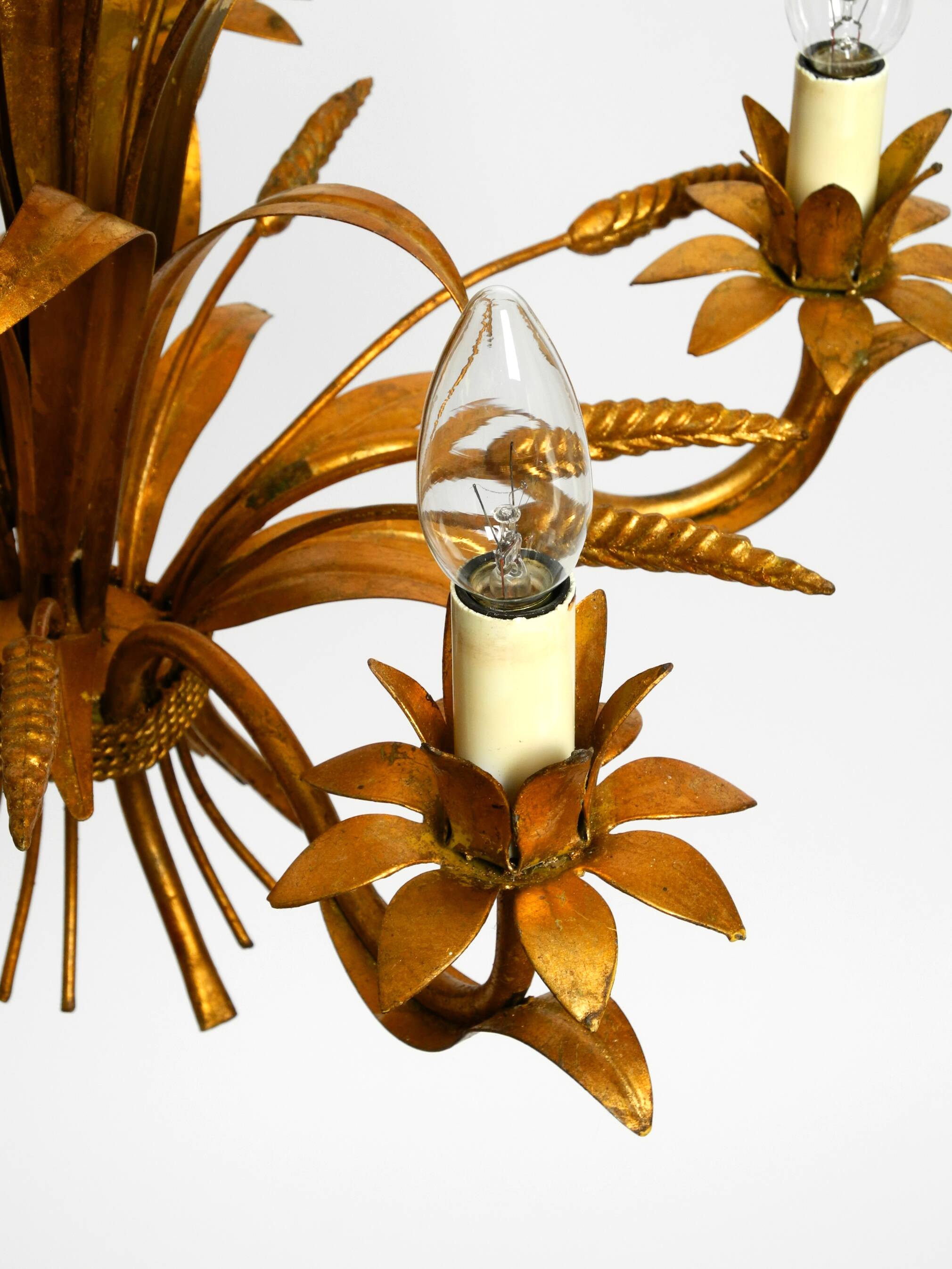 Beautiful 1970s gold-plated 5-arm tall metal chandelier by Hans Kögl