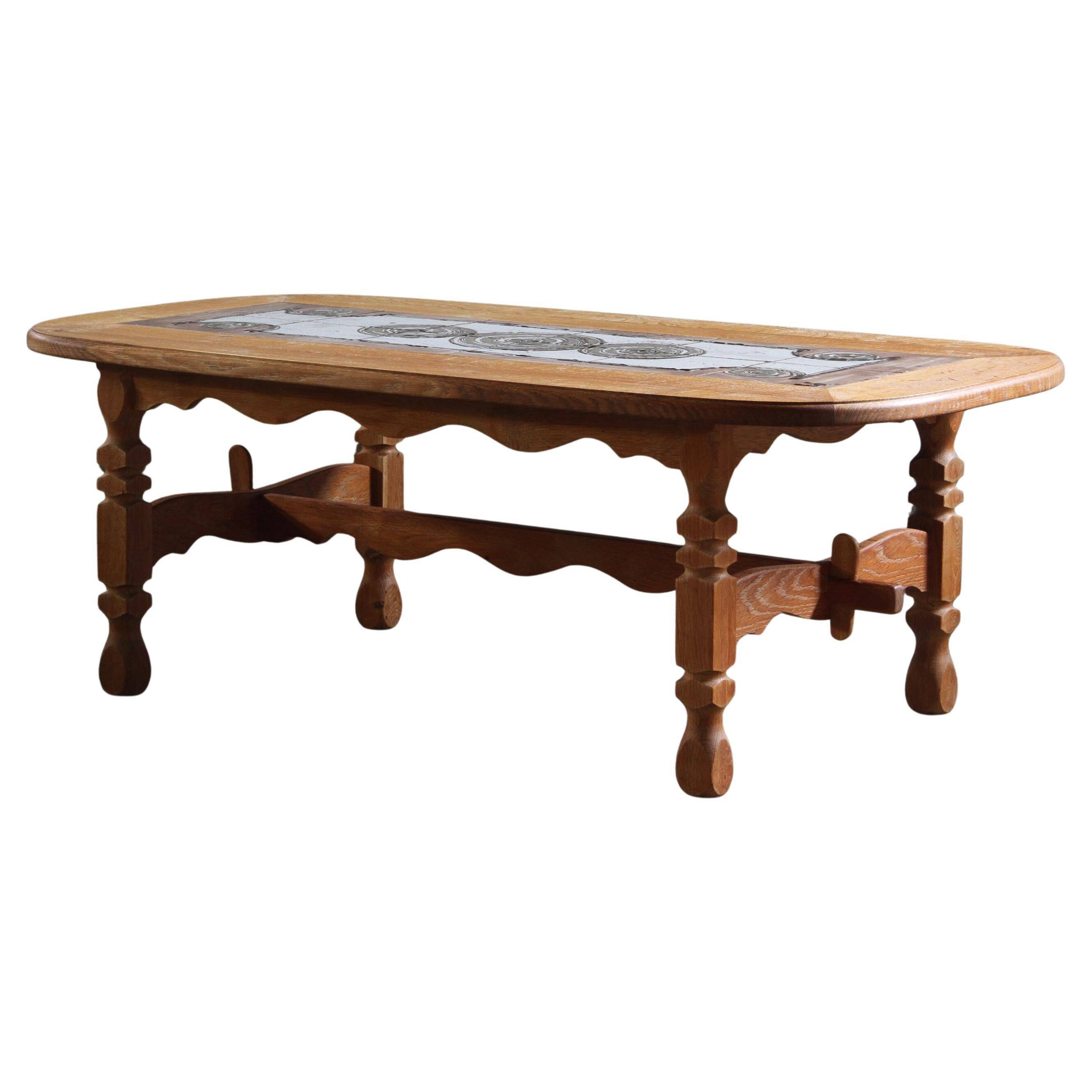 Vintage Danish brutalist oak & tile coffee table in the style of Henning Kjærnulf, 1960s