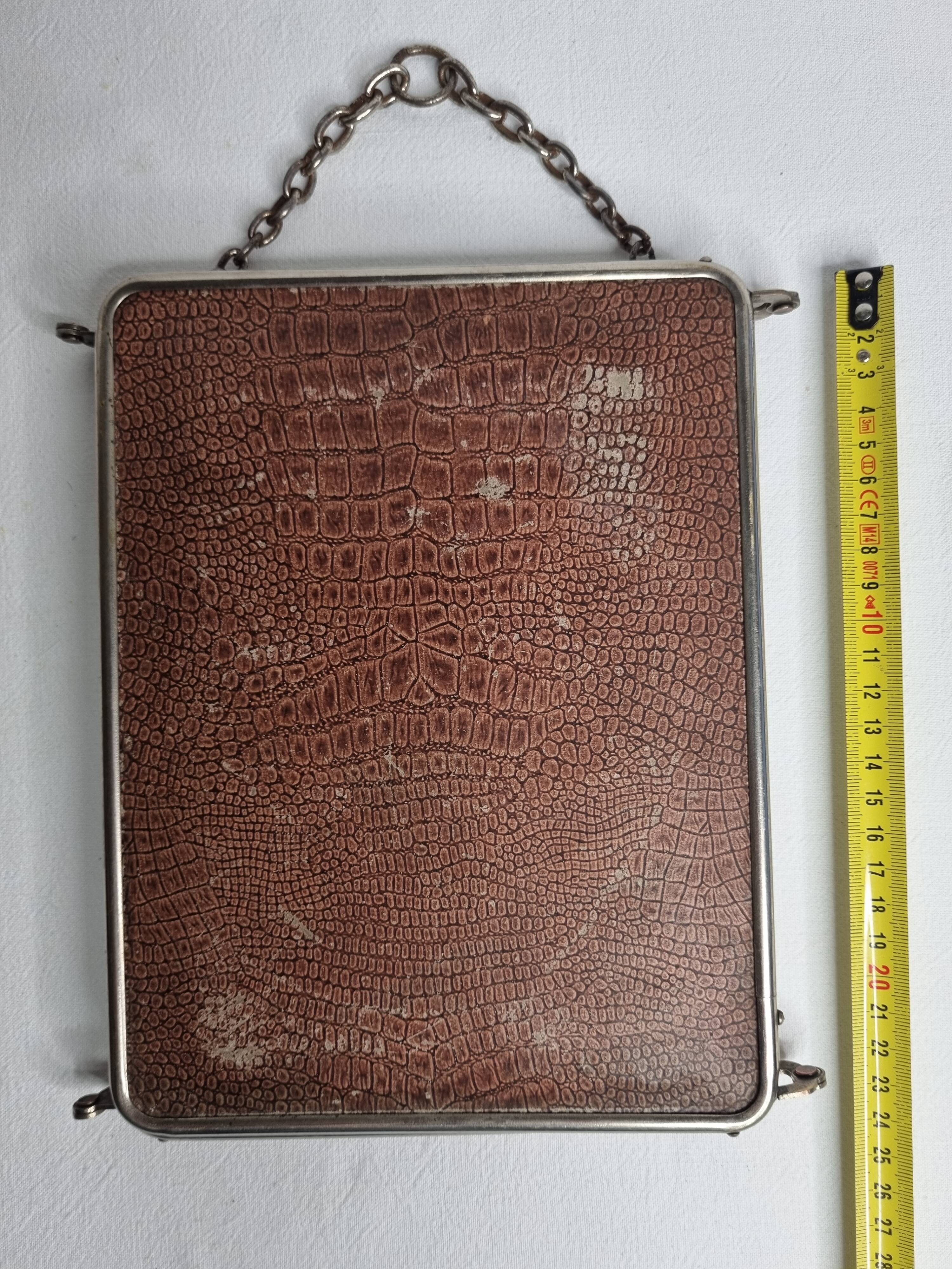 Antique triptych barber's mirror, metal frame and imitation leather back, 1930