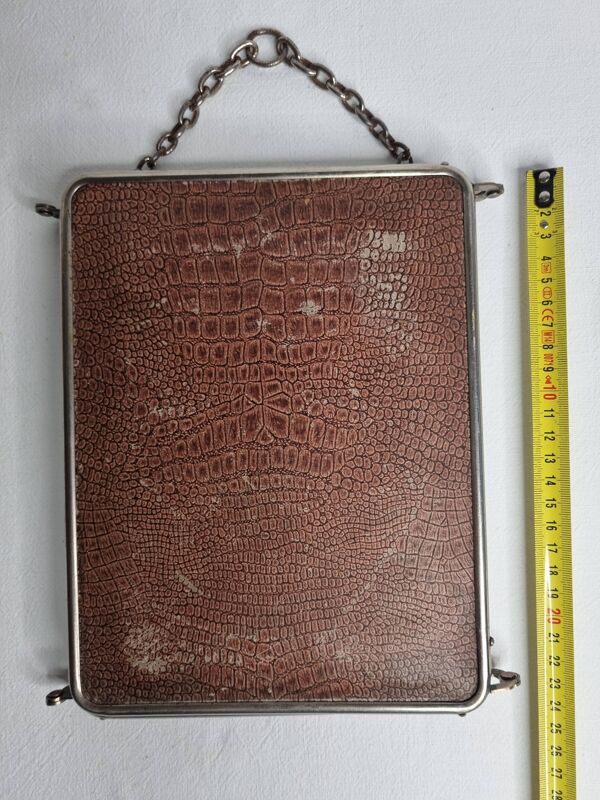 Ancien miroir de barbier triptyque, cadre métal et dos simili cuir 1930