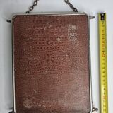 Antique triptych barber's mirror, metal frame and imitation leather back, 1930
