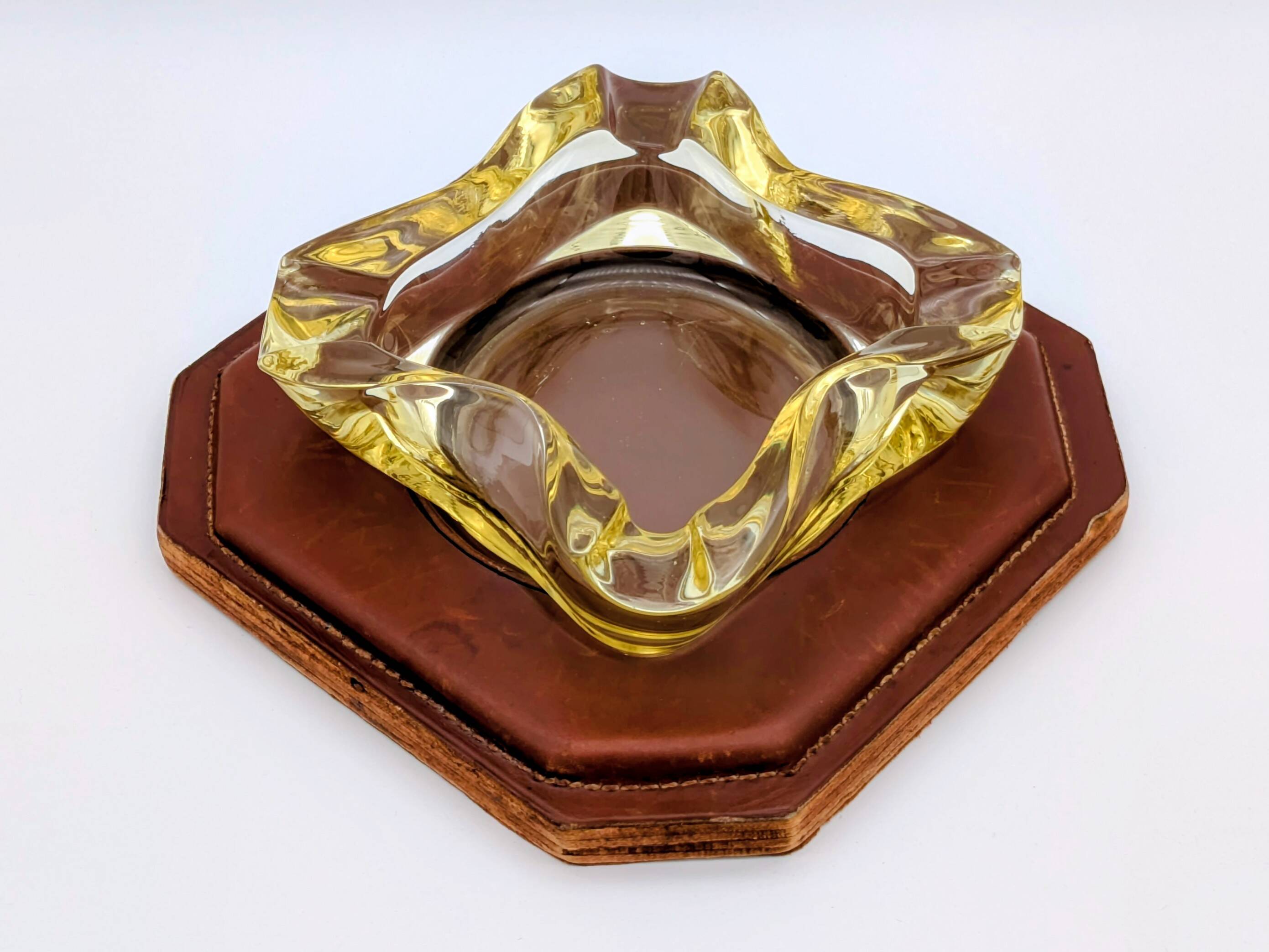 Ashtray / Catch-all Mid-Century Solid Glass Murano Style & Leather 1960