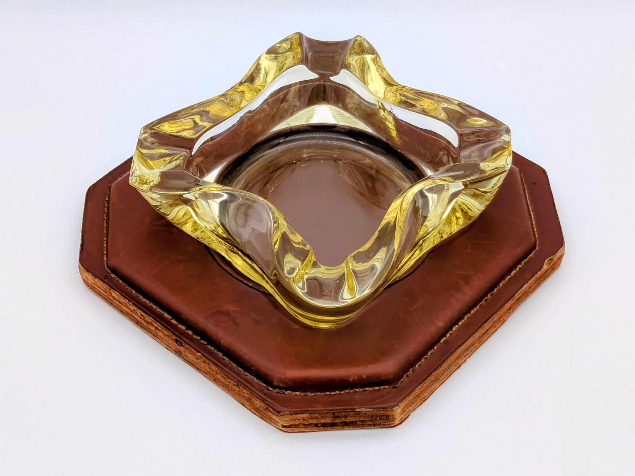 Ashtray / Catch-all Mid-Century Solid Glass Murano Style & Leather 1960