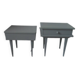 Duo of bedside tables, vintage mismatched verdigris end tables.