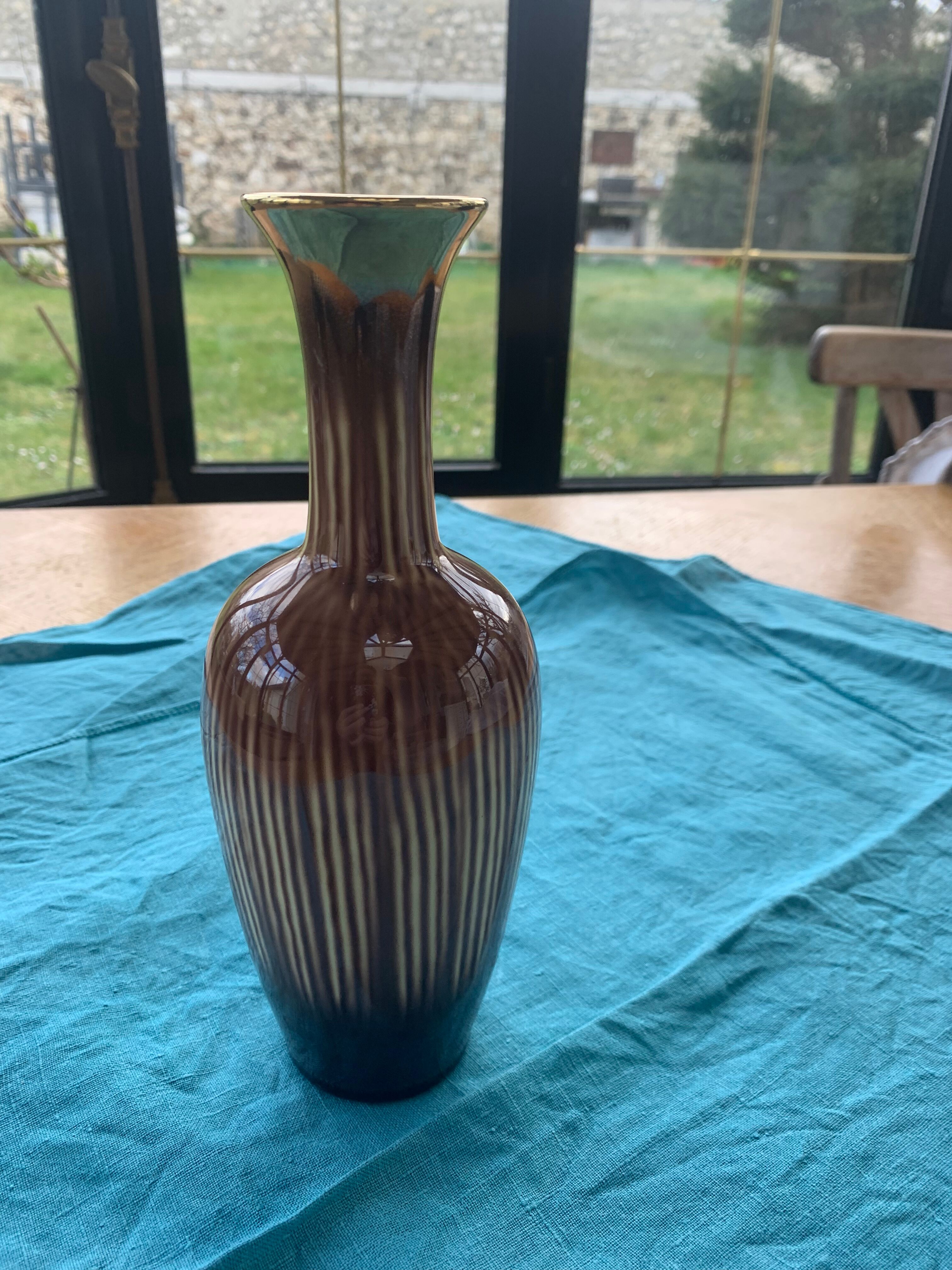 Soliflore vase in beige and gold glazed ceramic, numbered and vintage