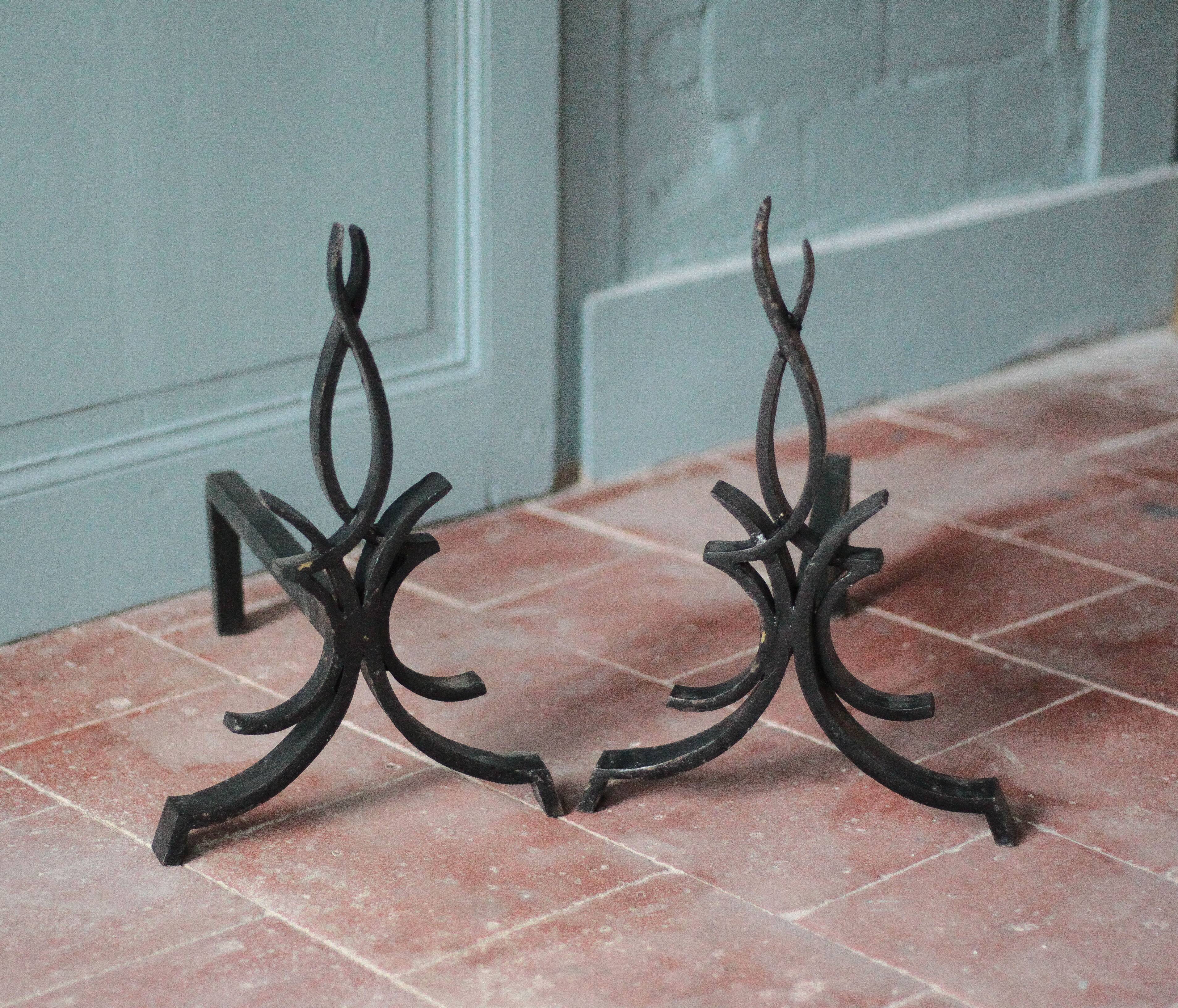 Fireplace andirons by Raymond Subes, flame model, brutalist andirons.