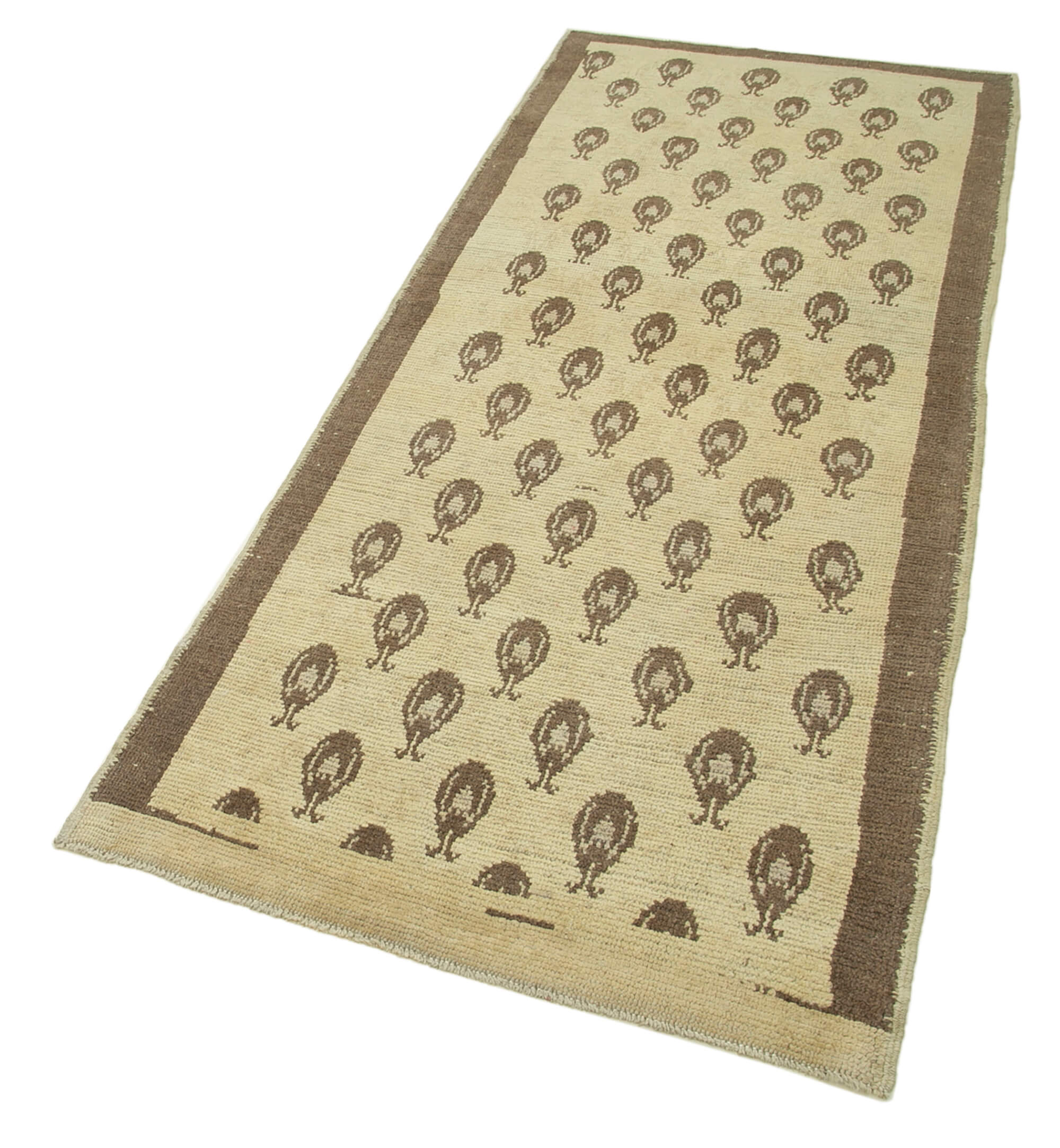 1950s hand-knotted unique turkish beige rug 88 cm x 215 cm