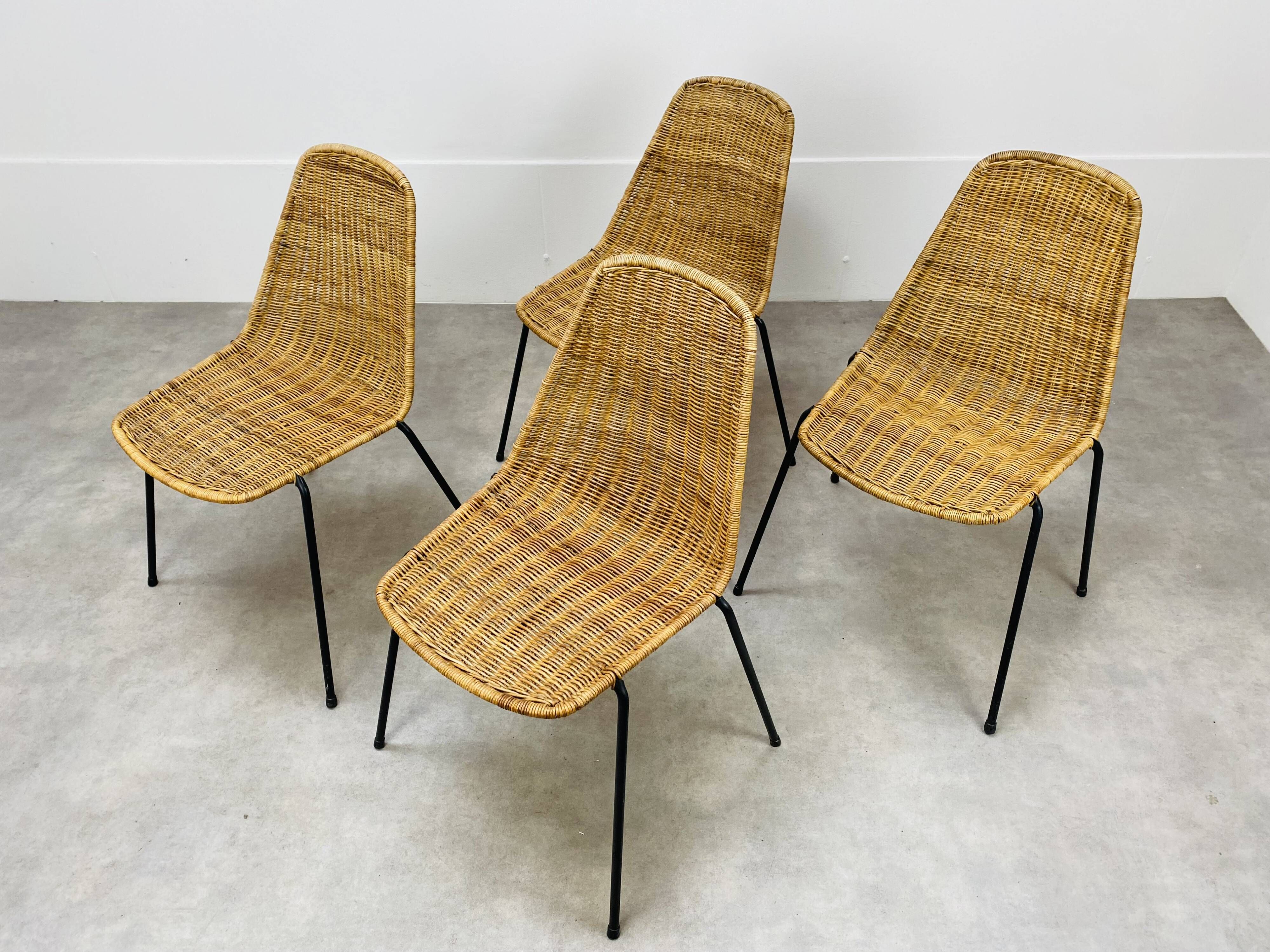 4 chairs Gianfranco Legler model Rattan basketball and metal 50s