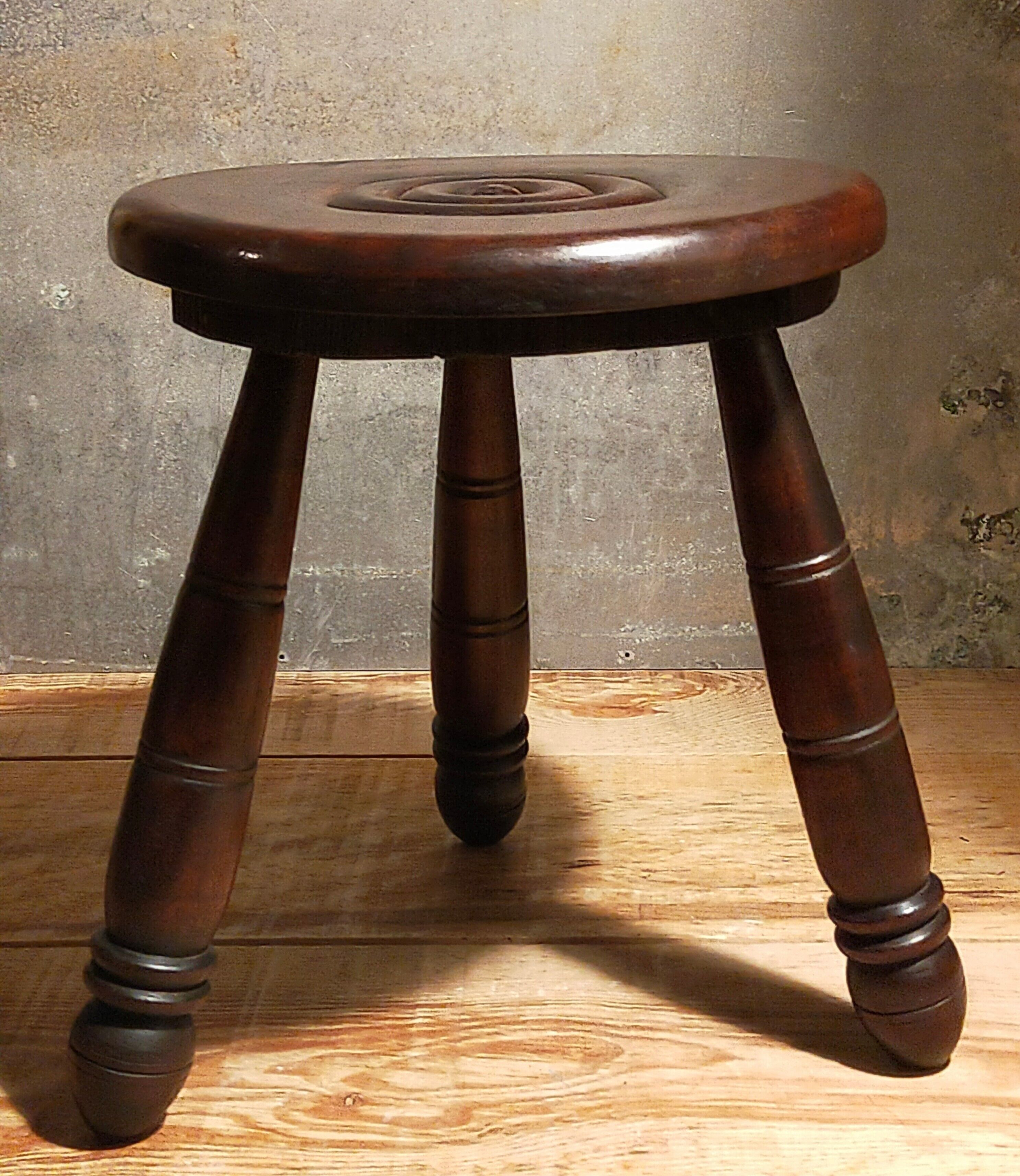 Tripod stool solid wood turned vintage