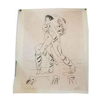 Xylogravure original de Lionel Seroult 1957 femmes qui dansent
