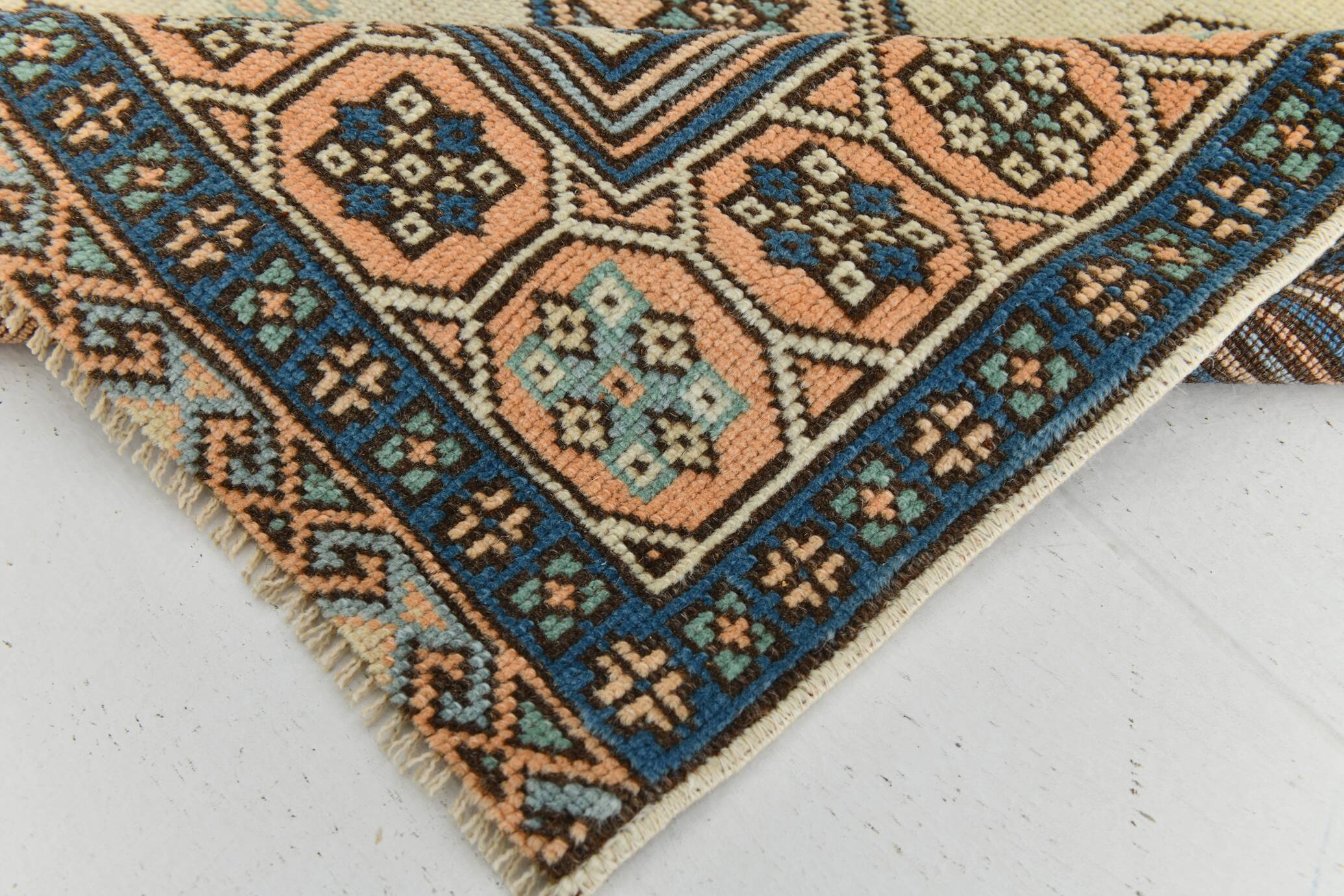 2x11 shades of cream blue oushak runner rug