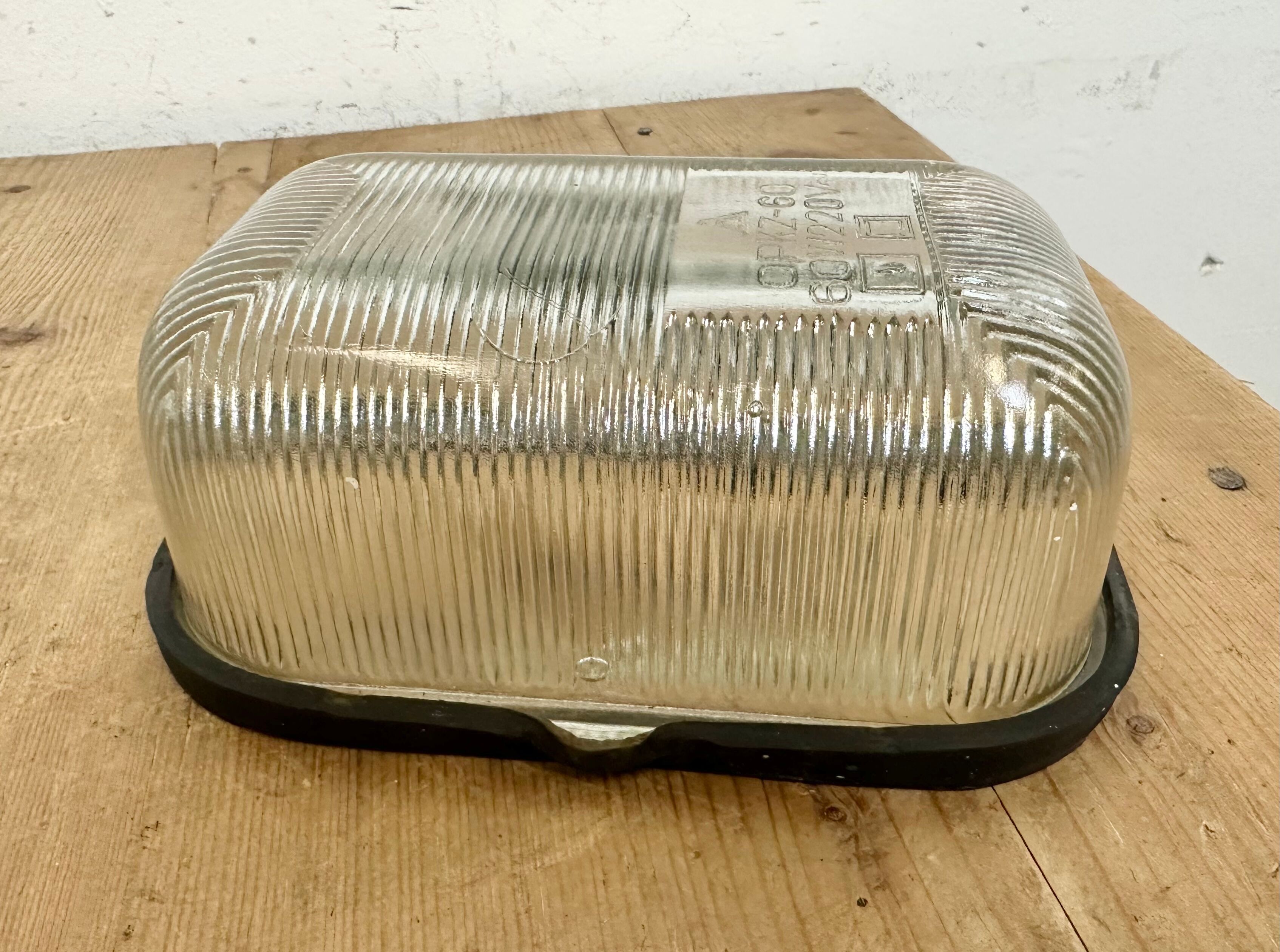 Industrial white porcelain cage wall light with ribbed glass, 1970s