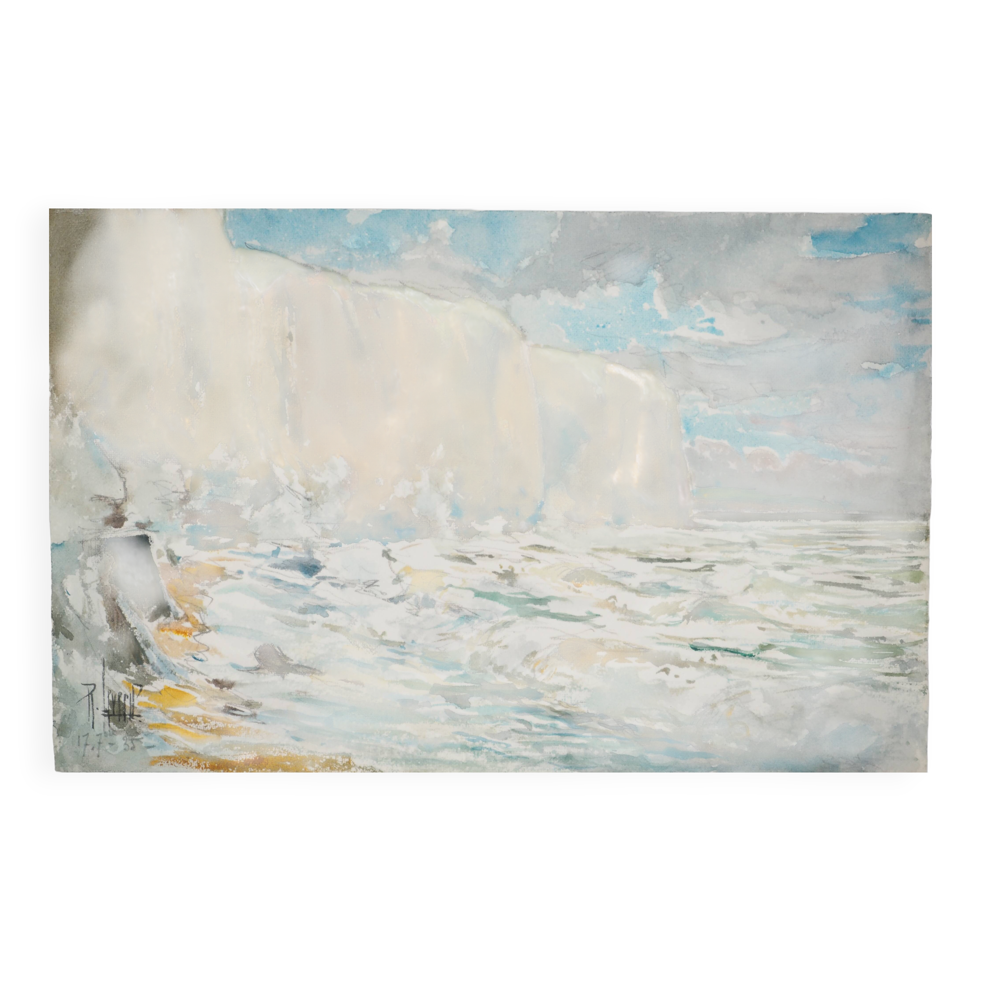René leverd: waves against the cliffs, original signed watercolor