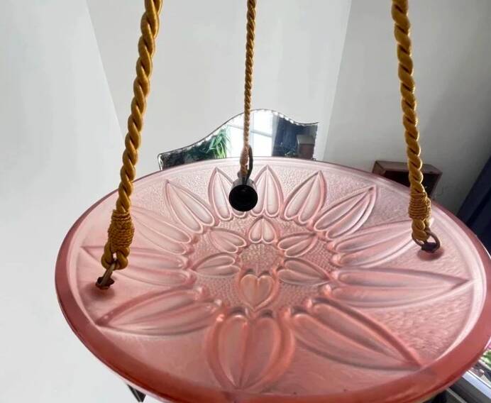 Vintage suspension Marguerite glass pink fabric cords Art Deco