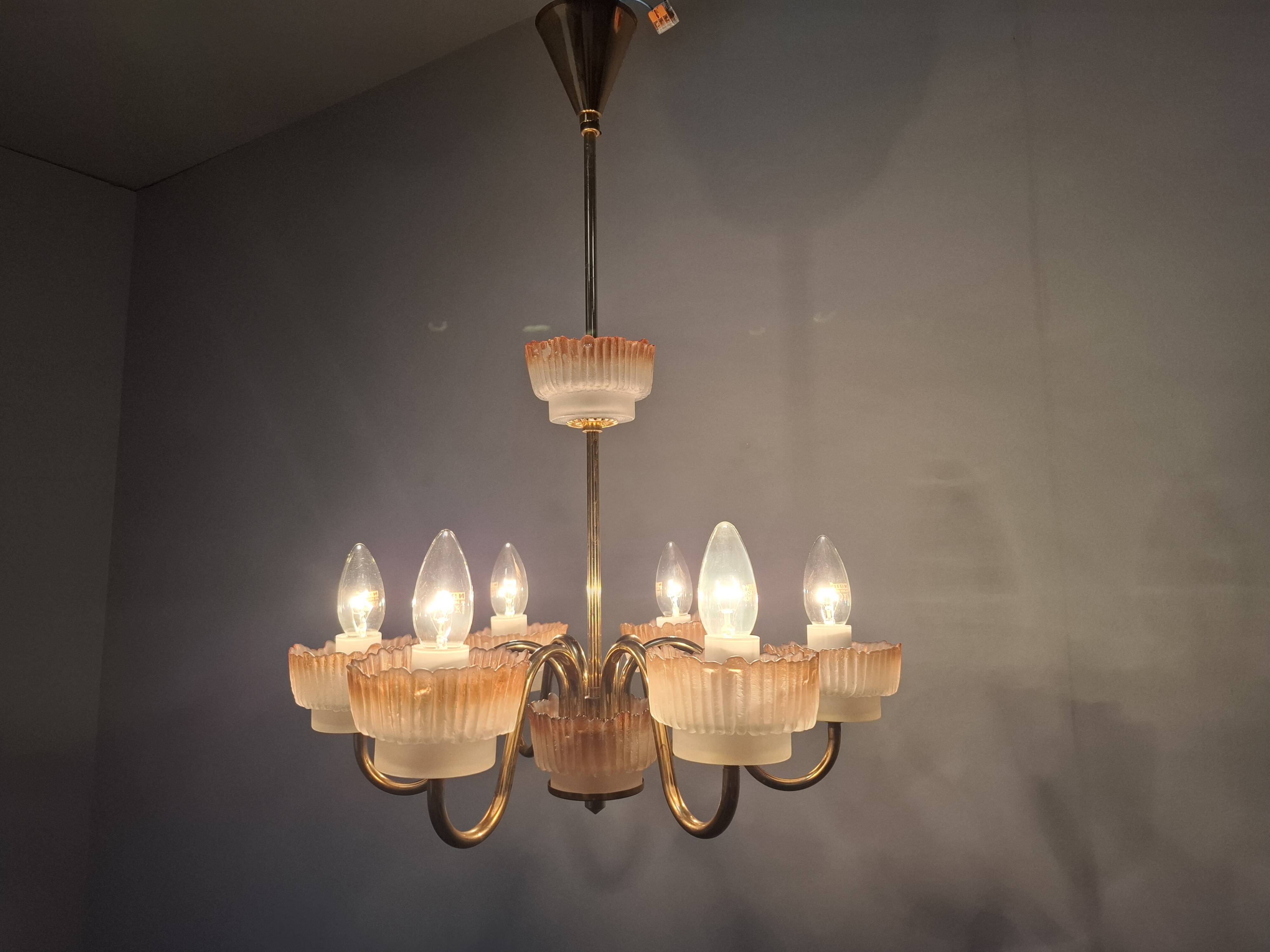 1960s Czech Mid-Century Brass and Železný Brod Frosted Glass Six-Arm Chandelier