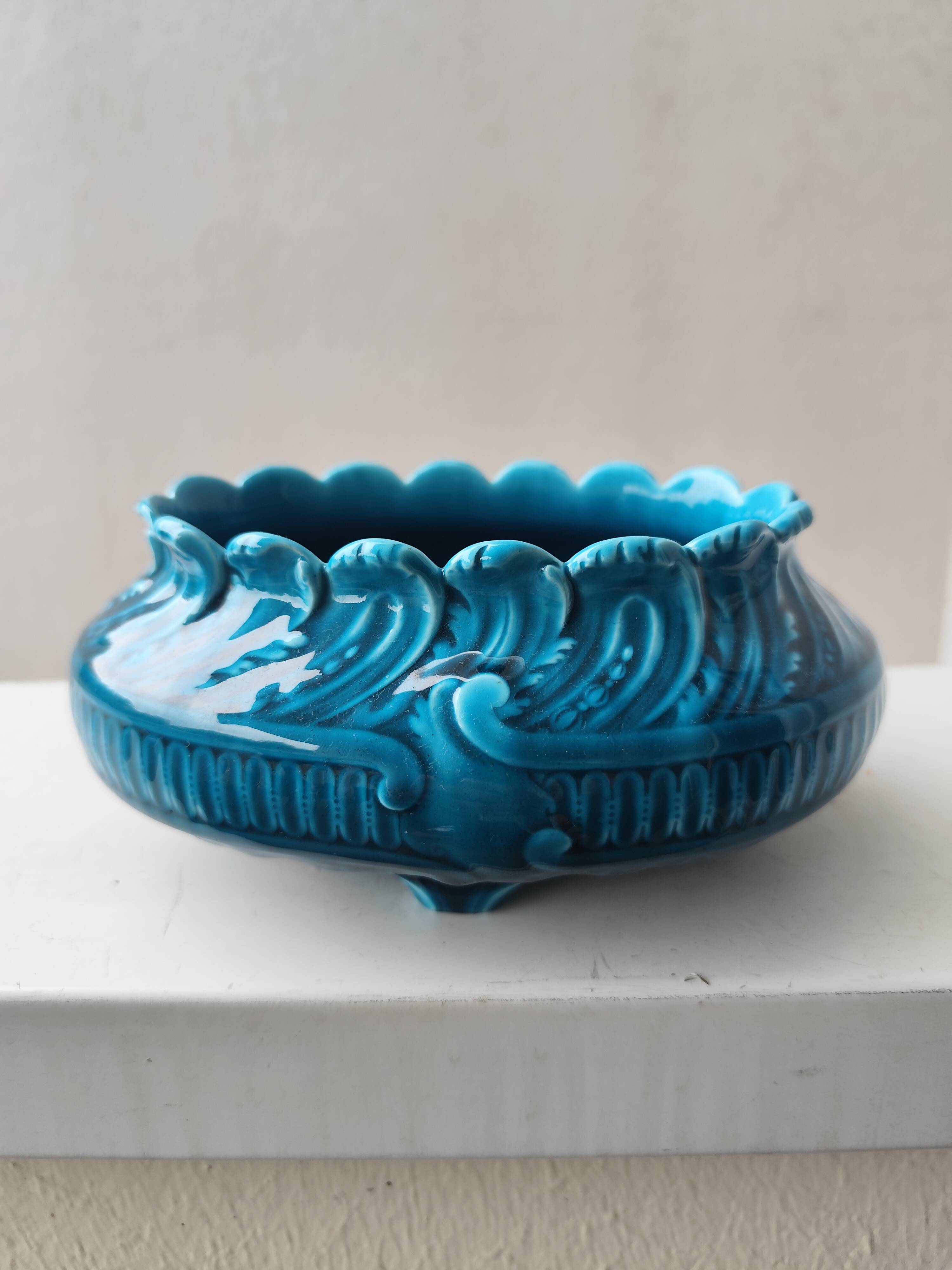 Blue glazed ceramic vase and pocket planter by Théodore Deck.