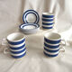 Series of 6 coffee cups in faience with blue stripes with saucers