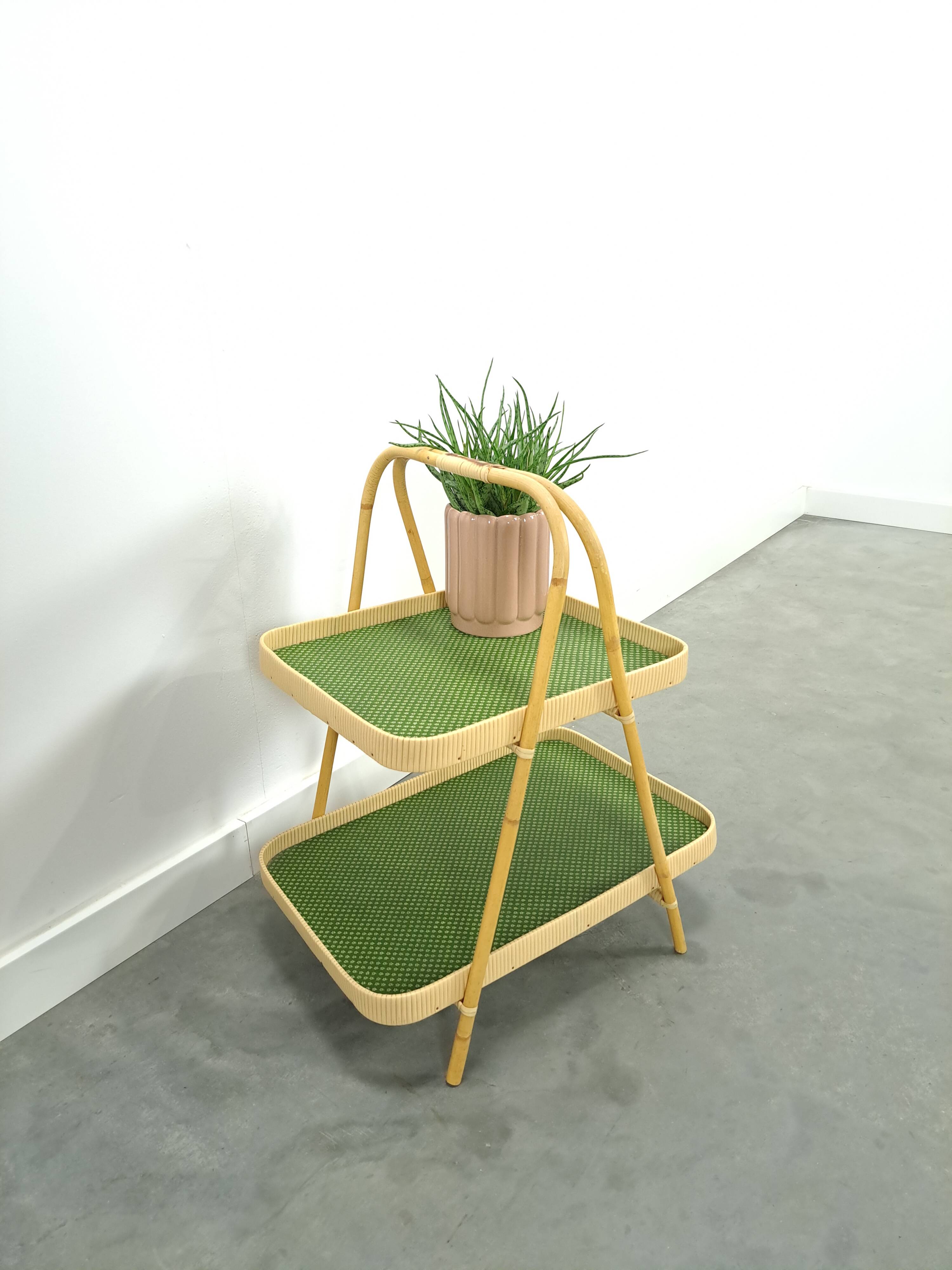 Rattan double tray with green leaf vintage fruit basket