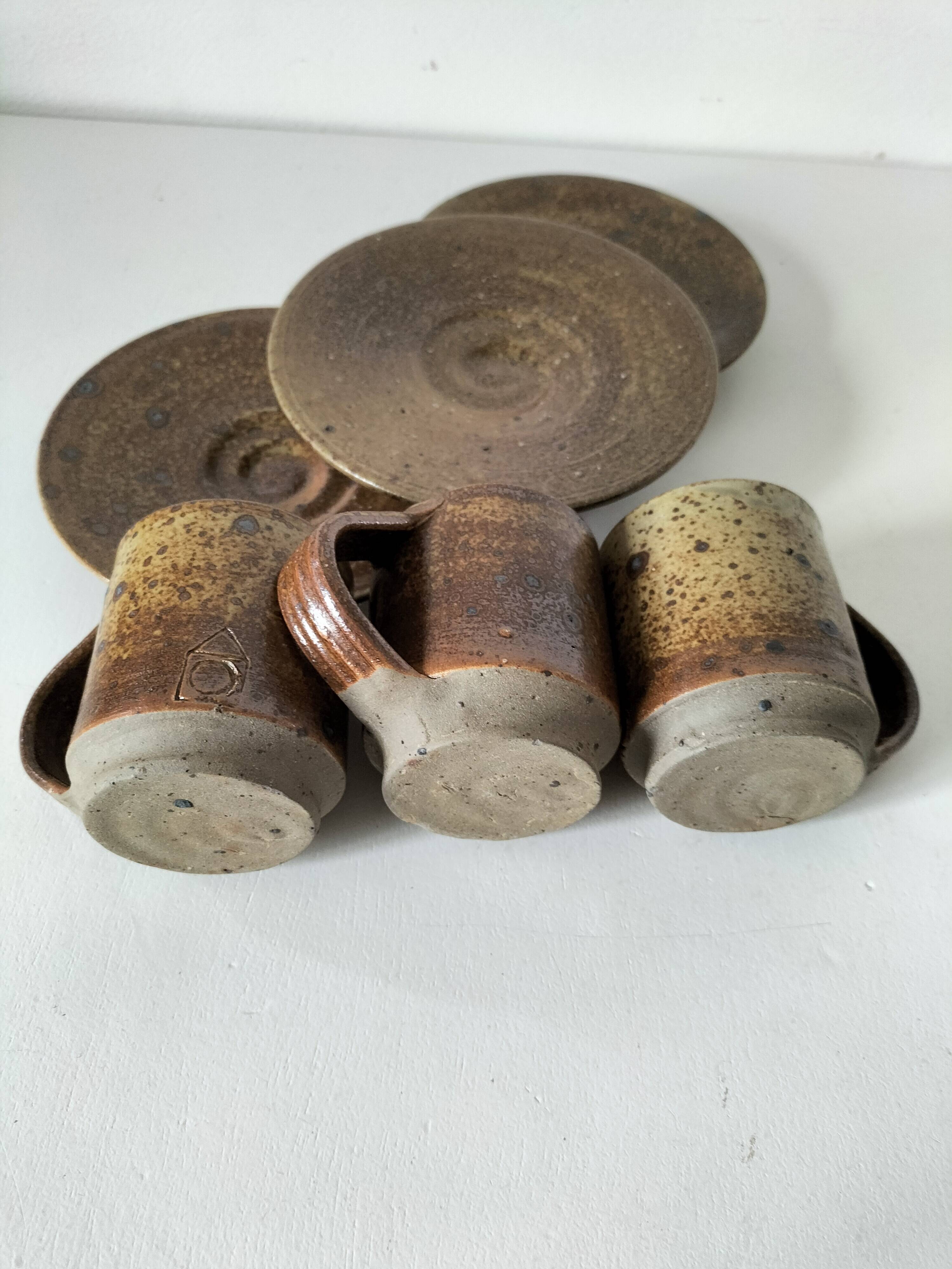 Set of three cups and saucers in pyrite stoneware - Charles Gaudry, Puisaye