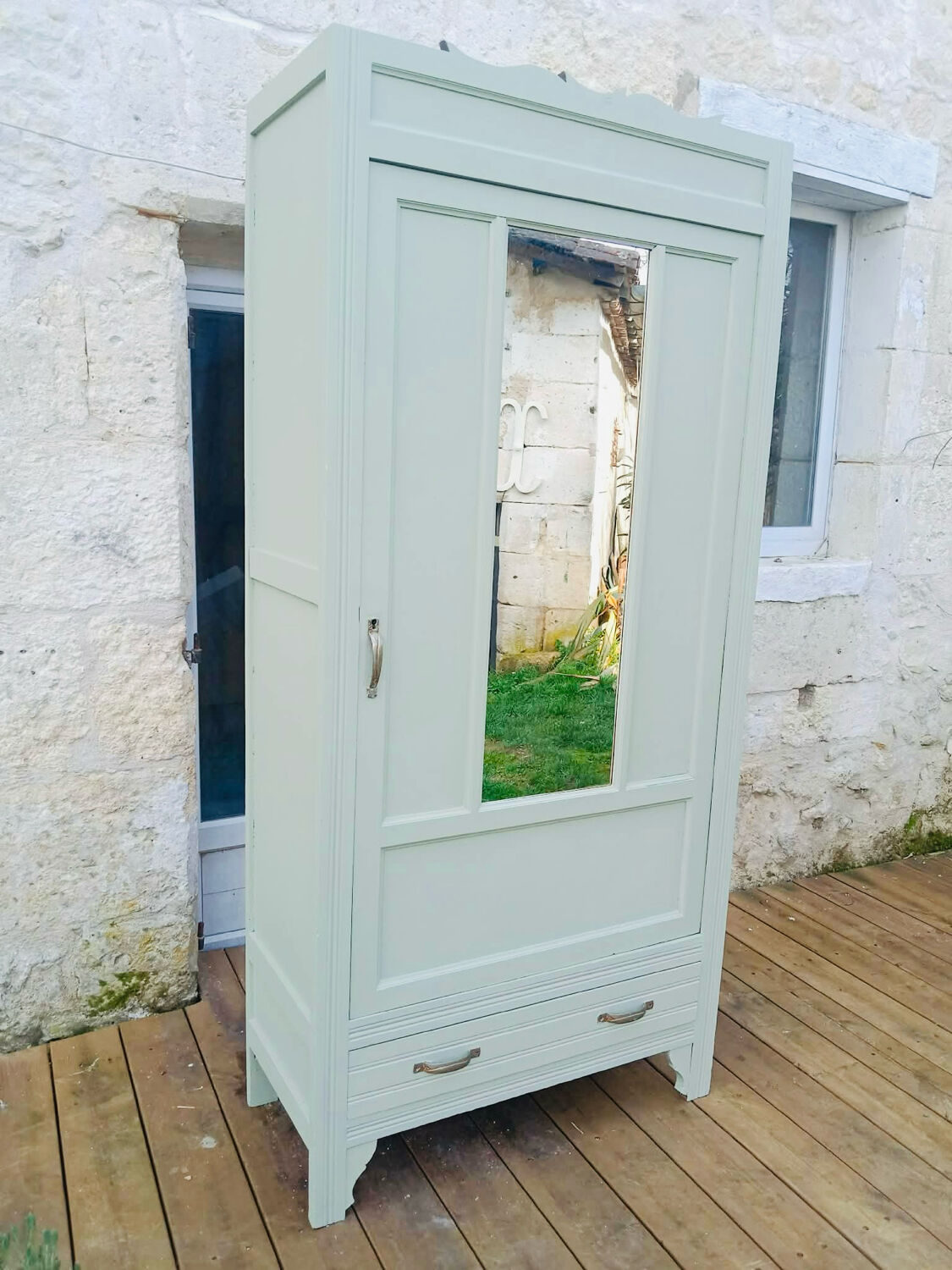 Art Deco sage green bonnetière wardrobe