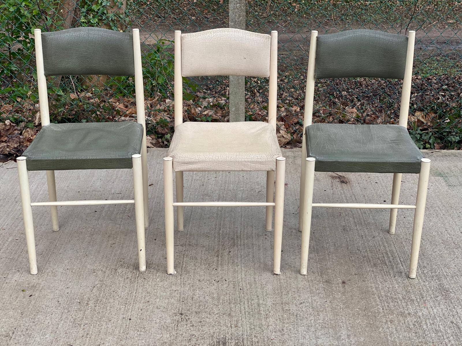 3 Scandinavian Baumann style chairs, steel and white and dark green crocodile leather