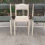 3 Scandinavian Baumann style chairs, steel and white and dark green crocodile leather
