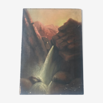 Ancient oil on canvas painting North American waterfall landscape