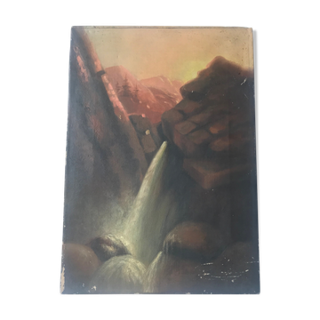 Ancient oil on canvas painting North American waterfall landscape