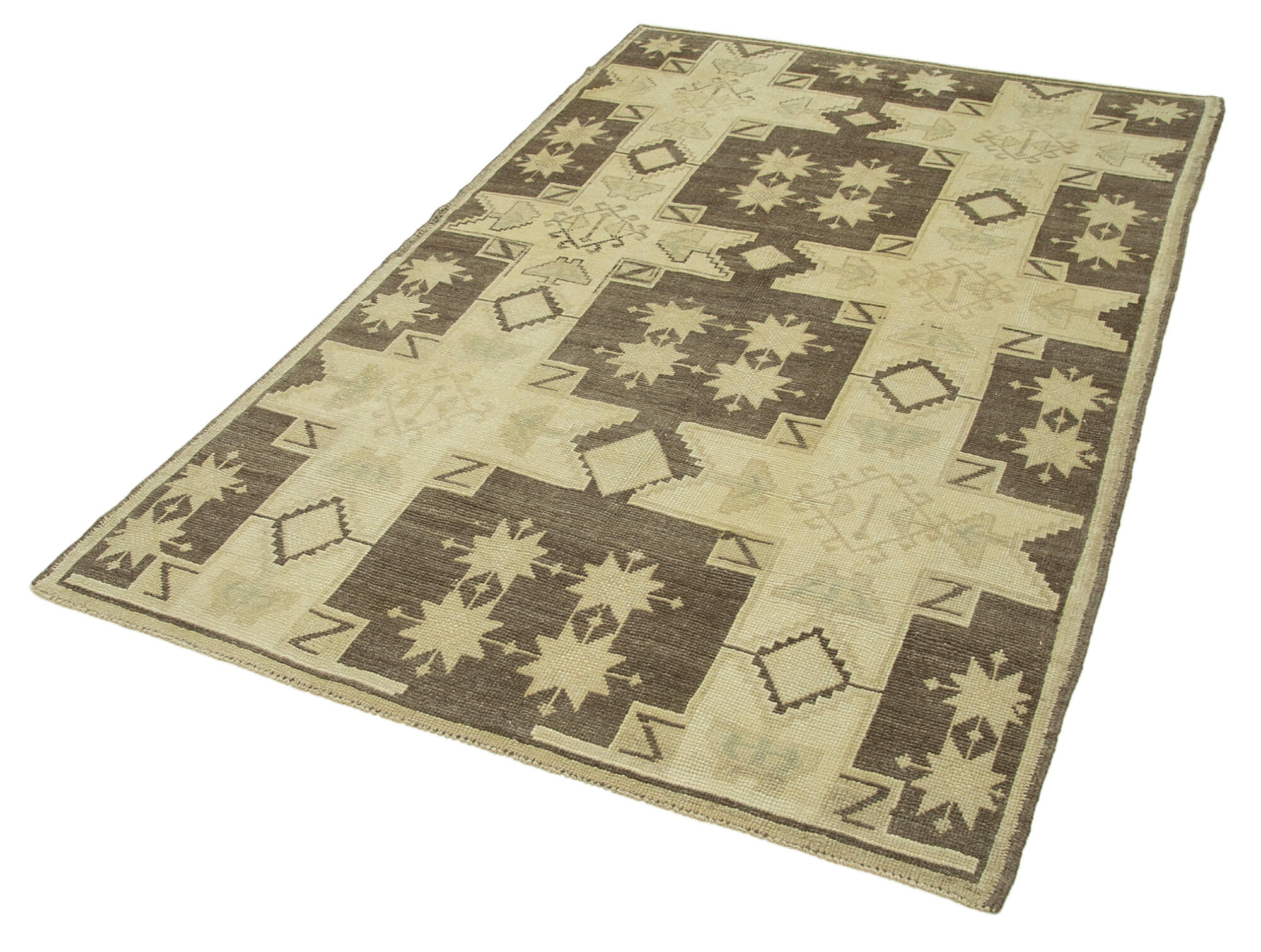 1970s handwoven wool anatolian beige carpet 138 cm x 224 cm