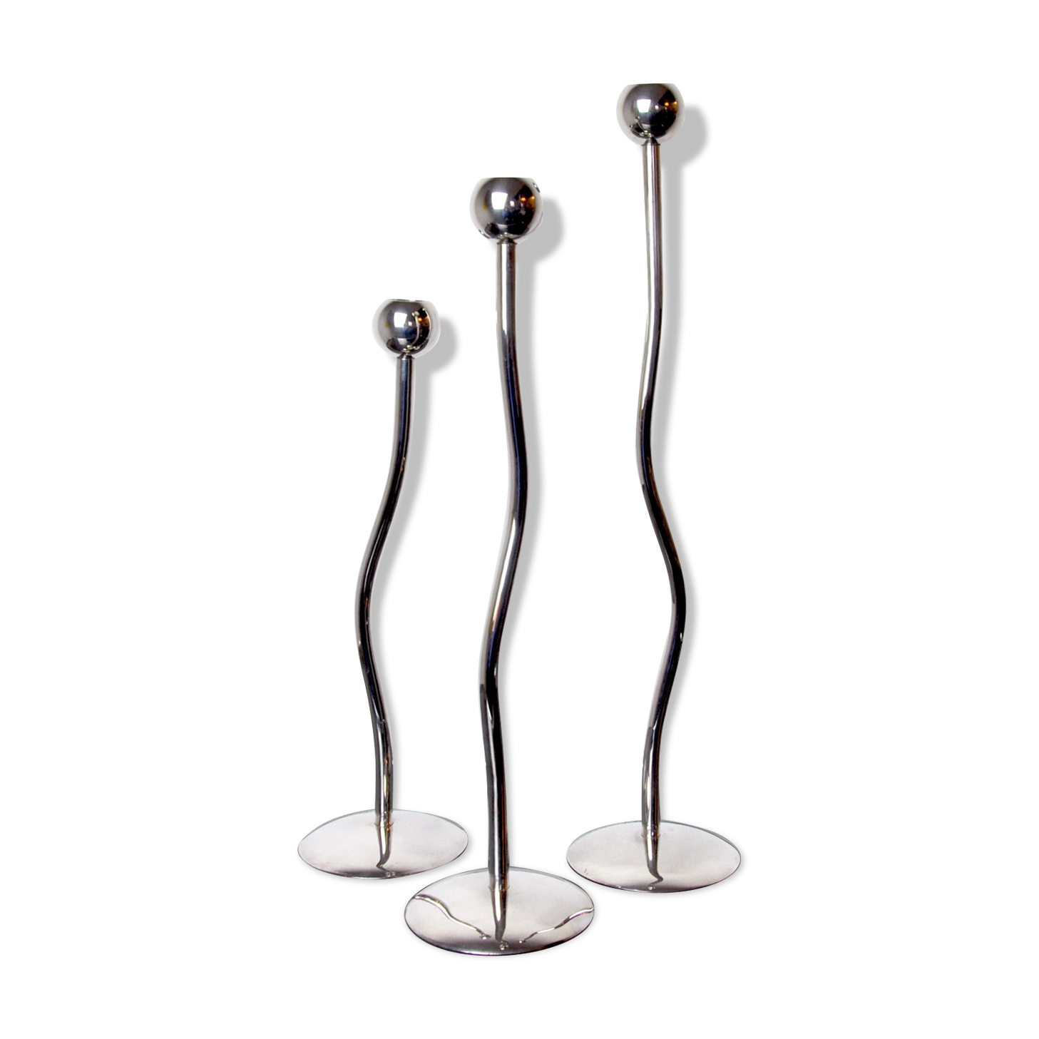 Trio of silver metal candle holders by Mesa, Italy, 1980