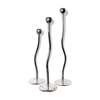 Trio of silver metal candle holders by Mesa, Italy, 1980