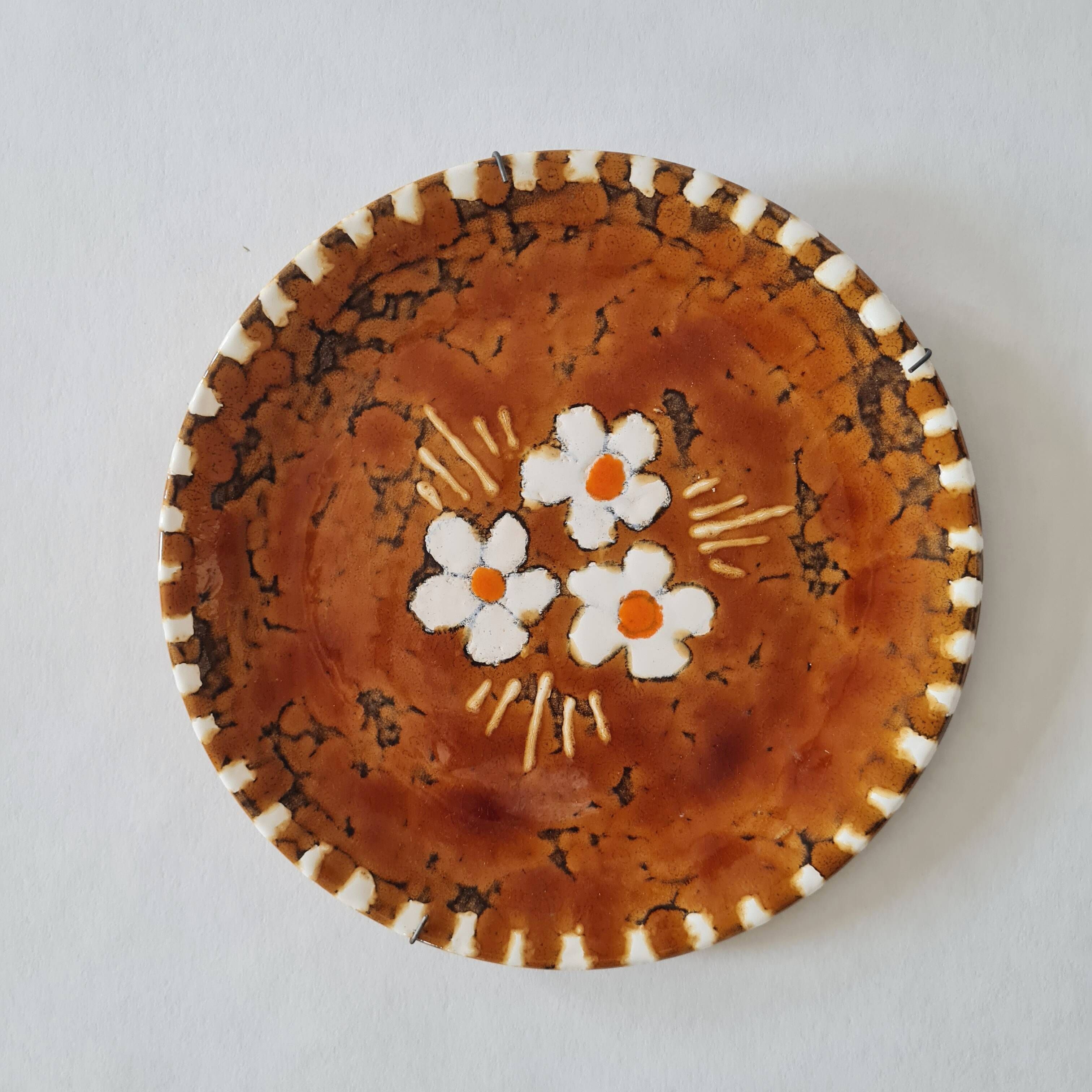Vintage Ceramic Plate - Flower Decor - Amber Glaze