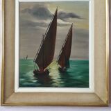 Tableau ancien à l'huile représentant une scène marine