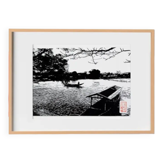 Limited edition handmade Japanese linocut of the Katsura River in Arashiyama