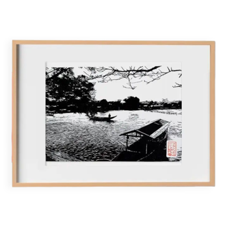 Linogravure japonaise fait main de la rivière Katsura à Arashiyama en édition limitée