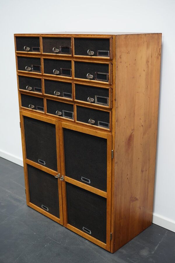 German industrial apothecary cabinet in oak and pine, mid-20th century