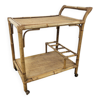 Vintage Wicker Cart with Bottle Holder and Wheels