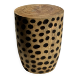 Stool, side table, cylindrical solid mango wood end table.