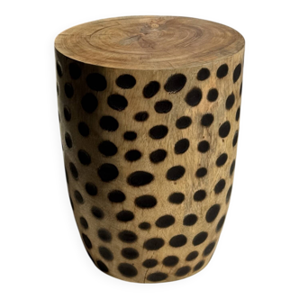Stool, side table, cylindrical solid mango wood end table.