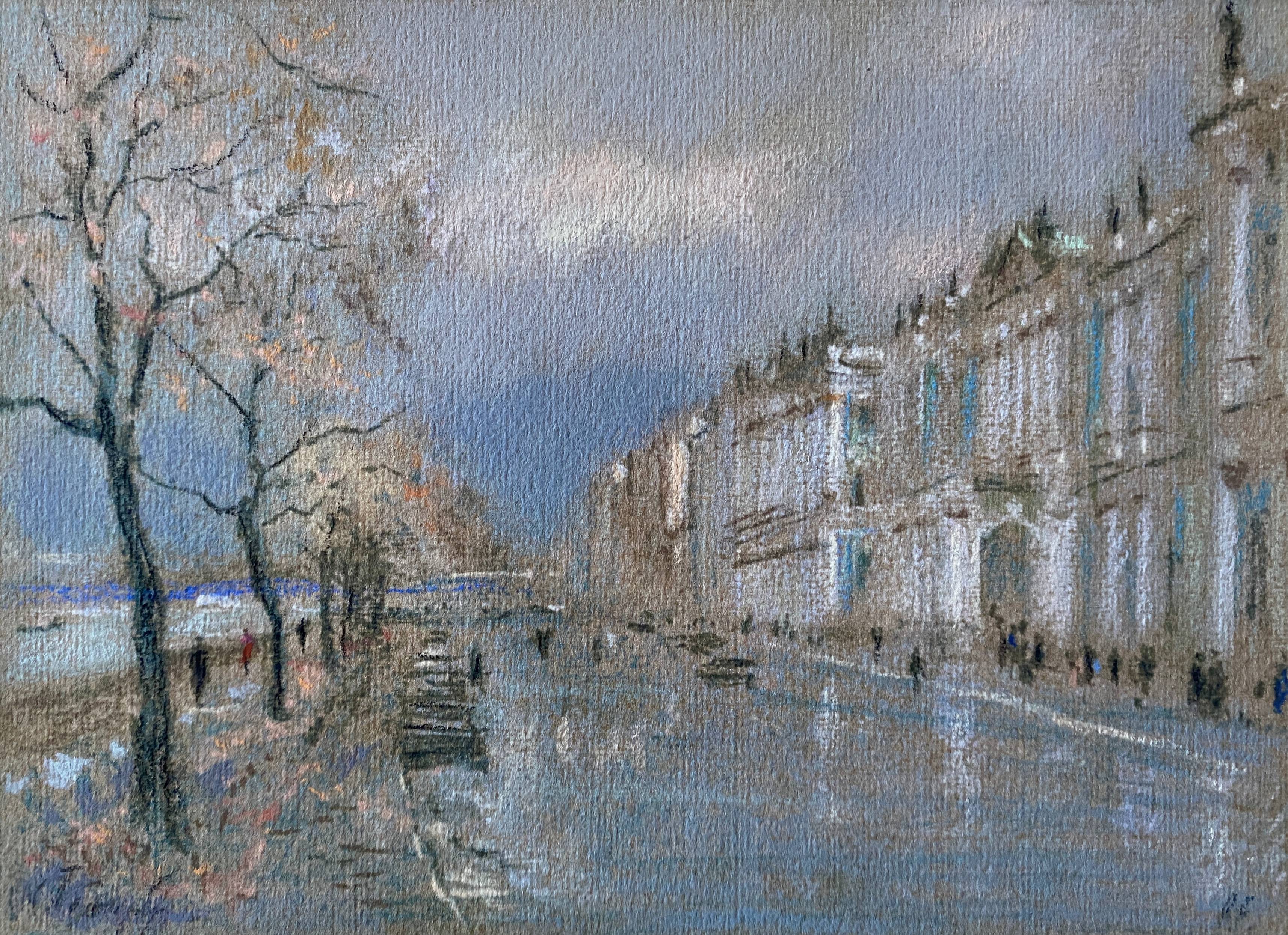 Pastel Painting "Quai de Seine?" Paris signed + frame
