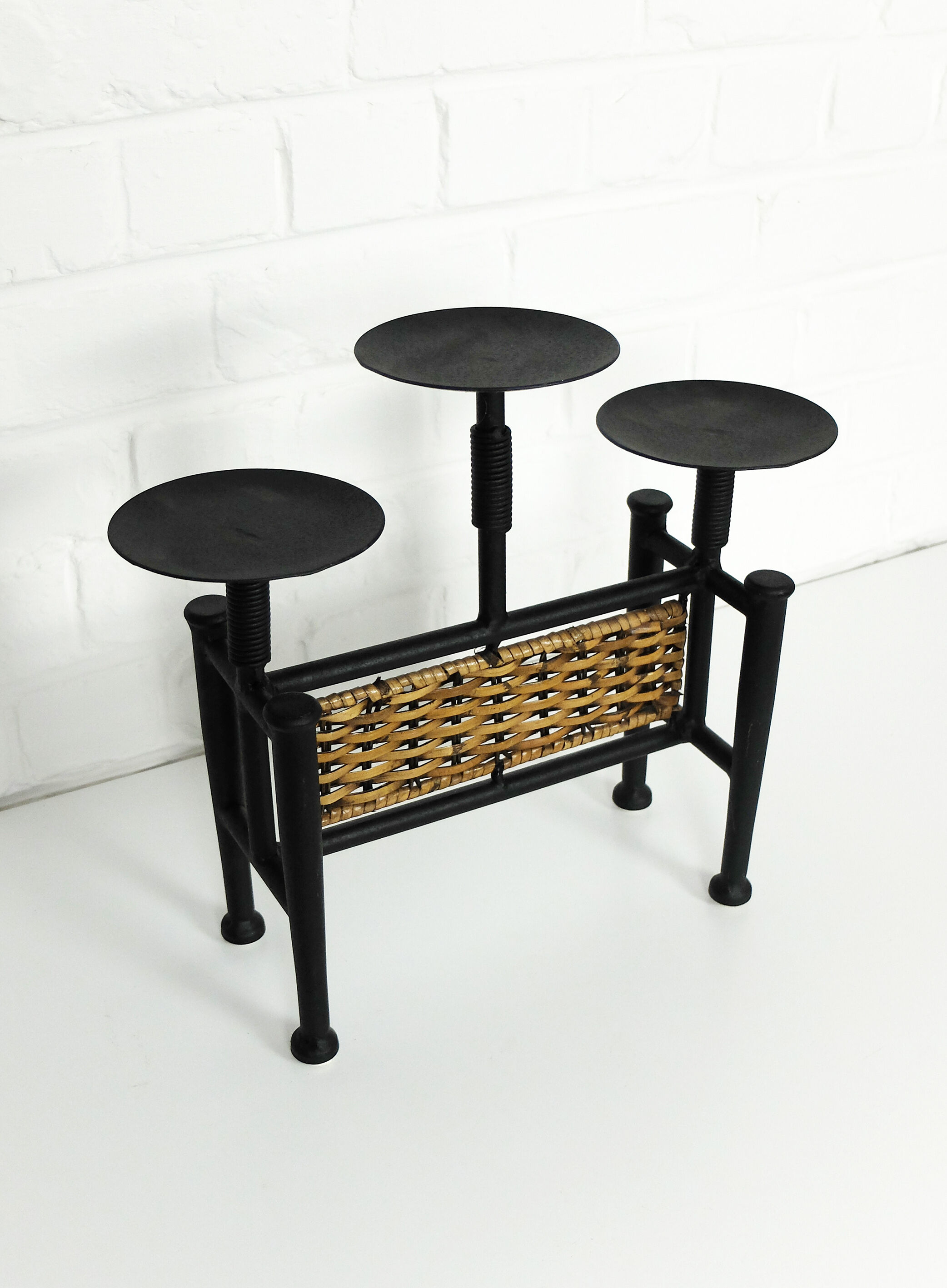 Wrought iron and rattan candle holder