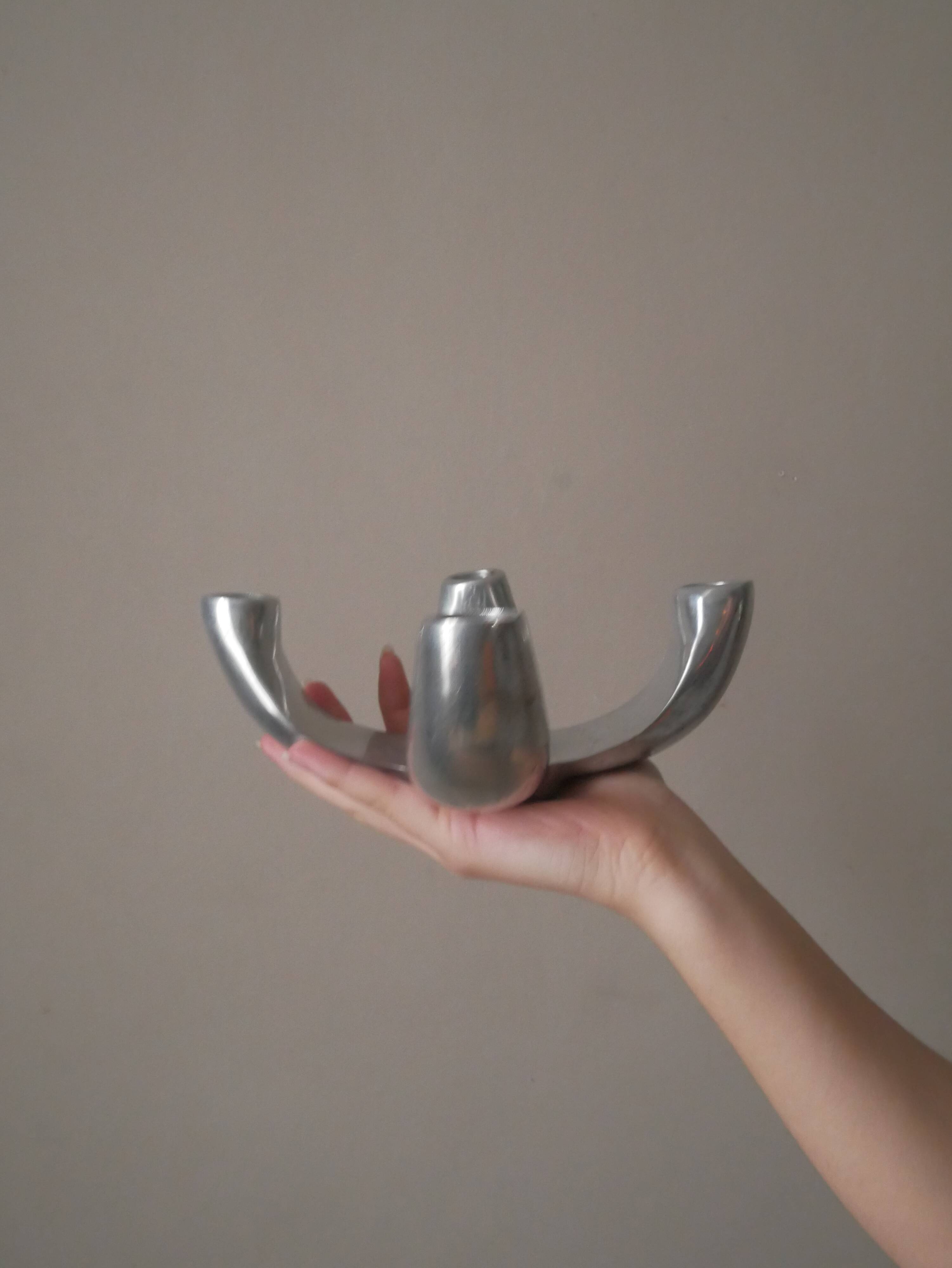 Candle holder candlestick candelabra in aluminum silver metal scandinavian design decorative object