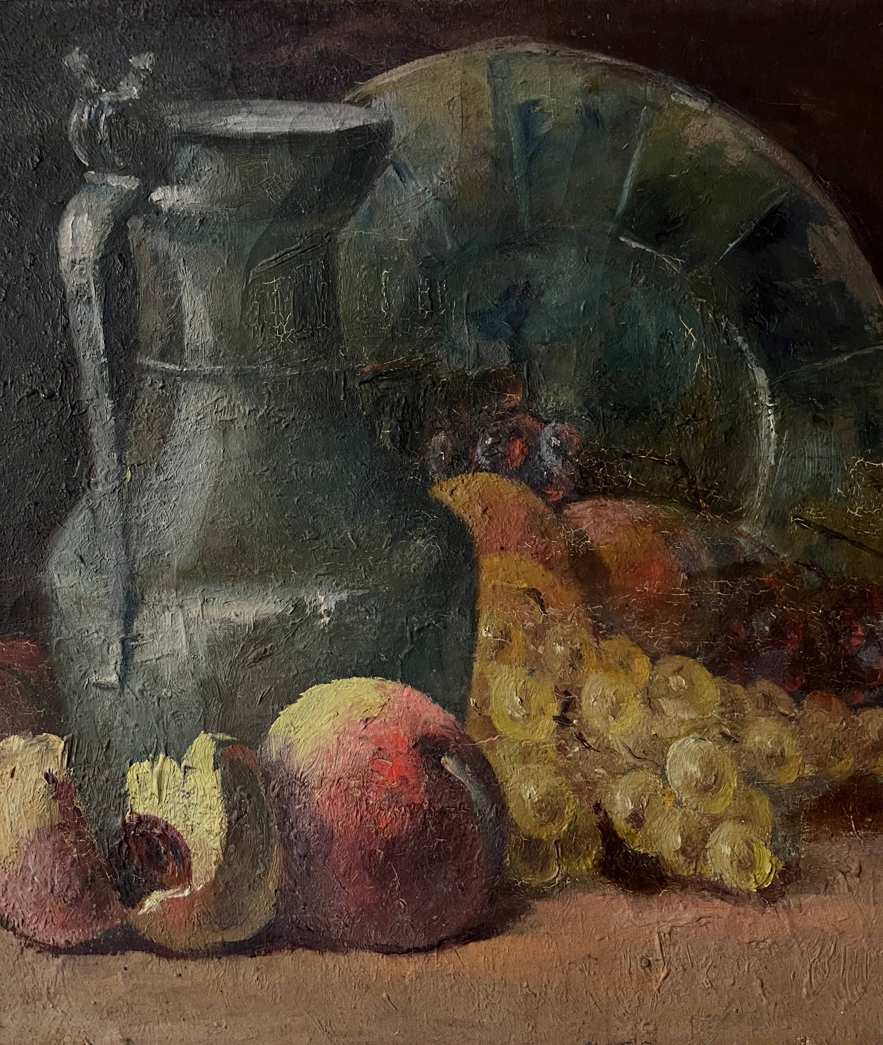 Tableau HST "Still Life with Peaches and Jug" 19th century signed