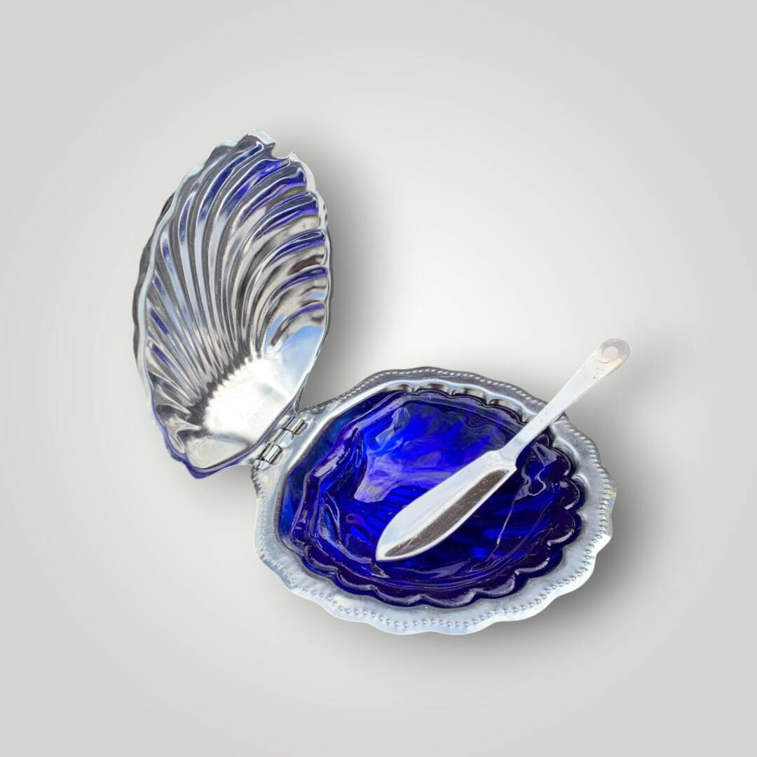 Vintage shell butter dish in stainless steel and cobalt blue glass with knife
