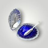 Vintage shell butter dish in stainless steel and cobalt blue glass with knife