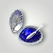 Vintage shell butter dish in stainless steel and cobalt blue glass with knife
