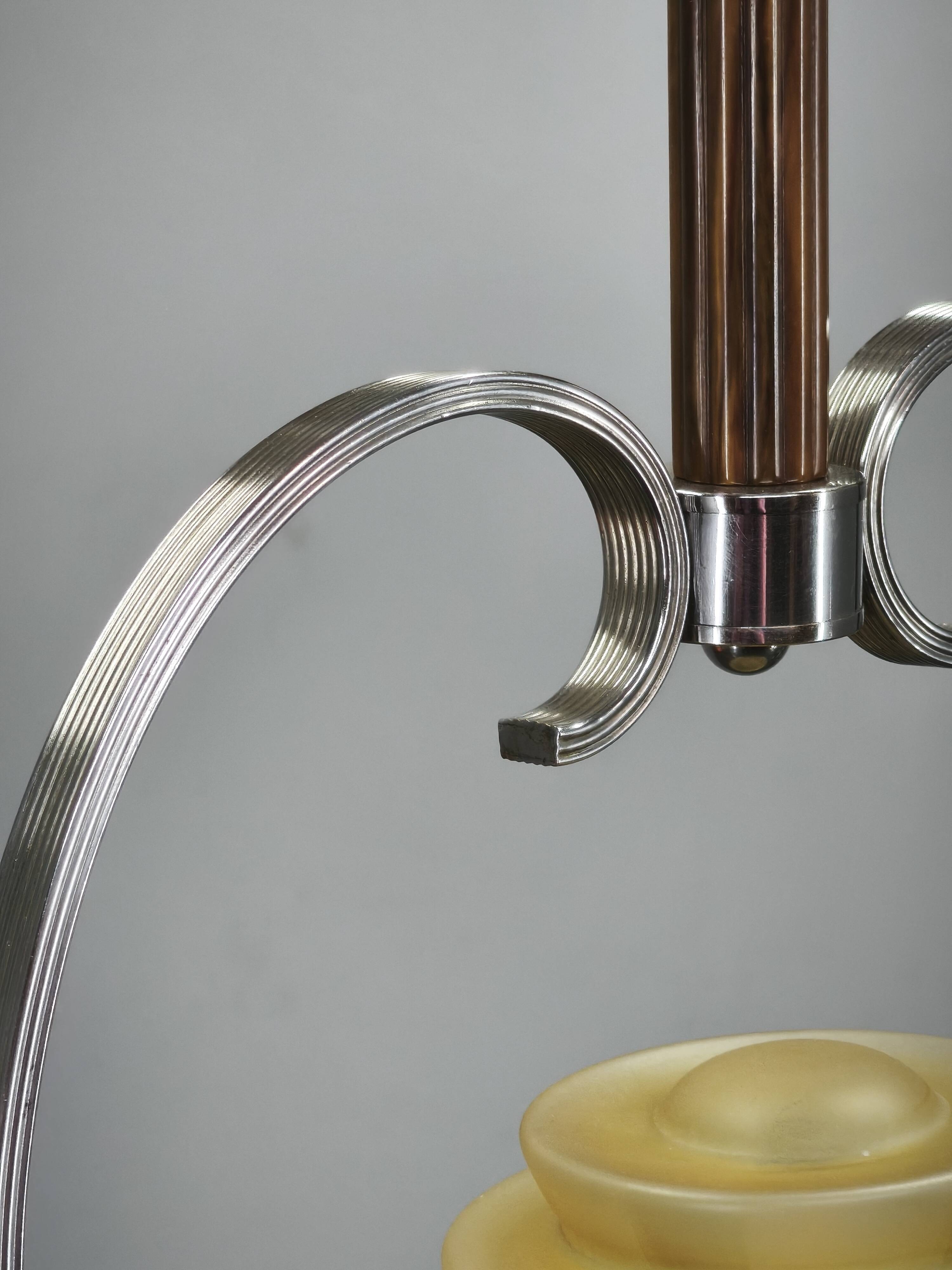 1930s Czech Art Deco Chrome and Frosted Glass Chandelier