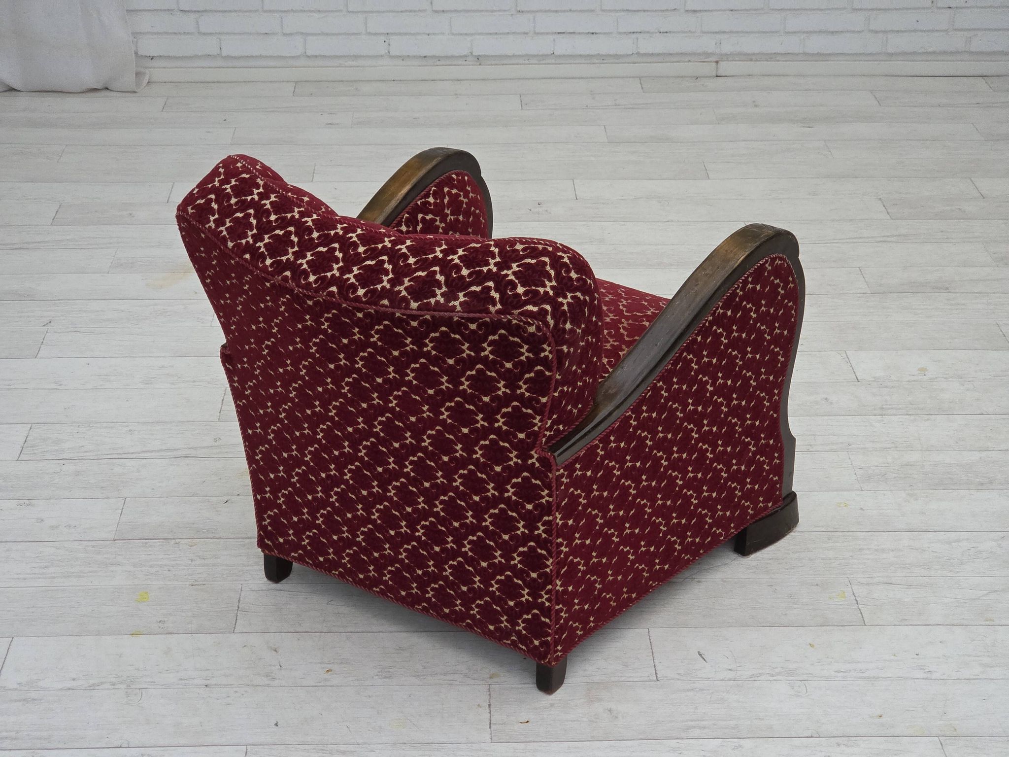 1960s, Danish armchair, cherry-red furniture velour, oak wood.