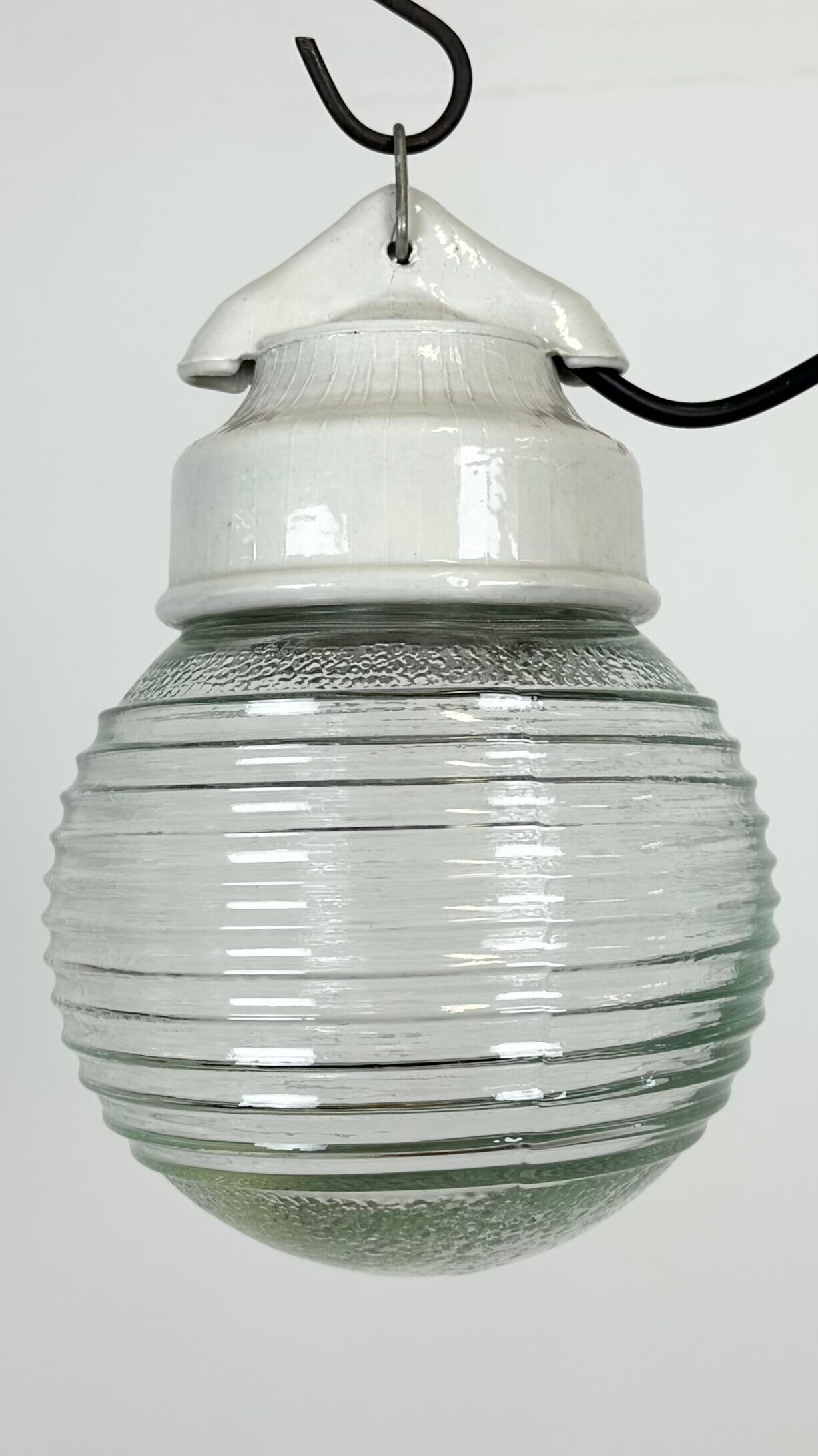 Vintage White Porcelain Pendant Light with Ribbed Glass, 1970s